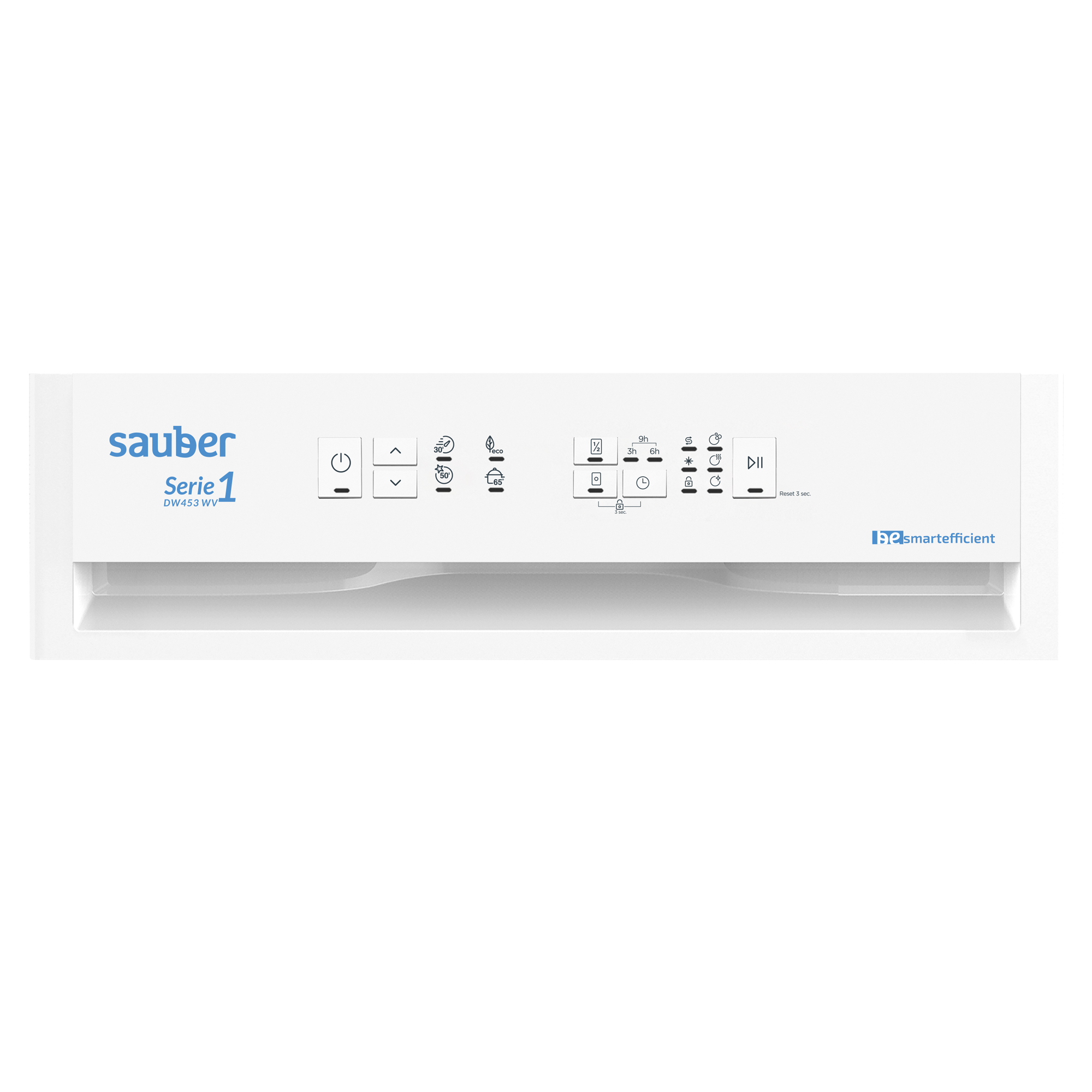 Panel de control de lavavajillas blanco con logo Sauber Serie 1 e iconos de programas de lavado.