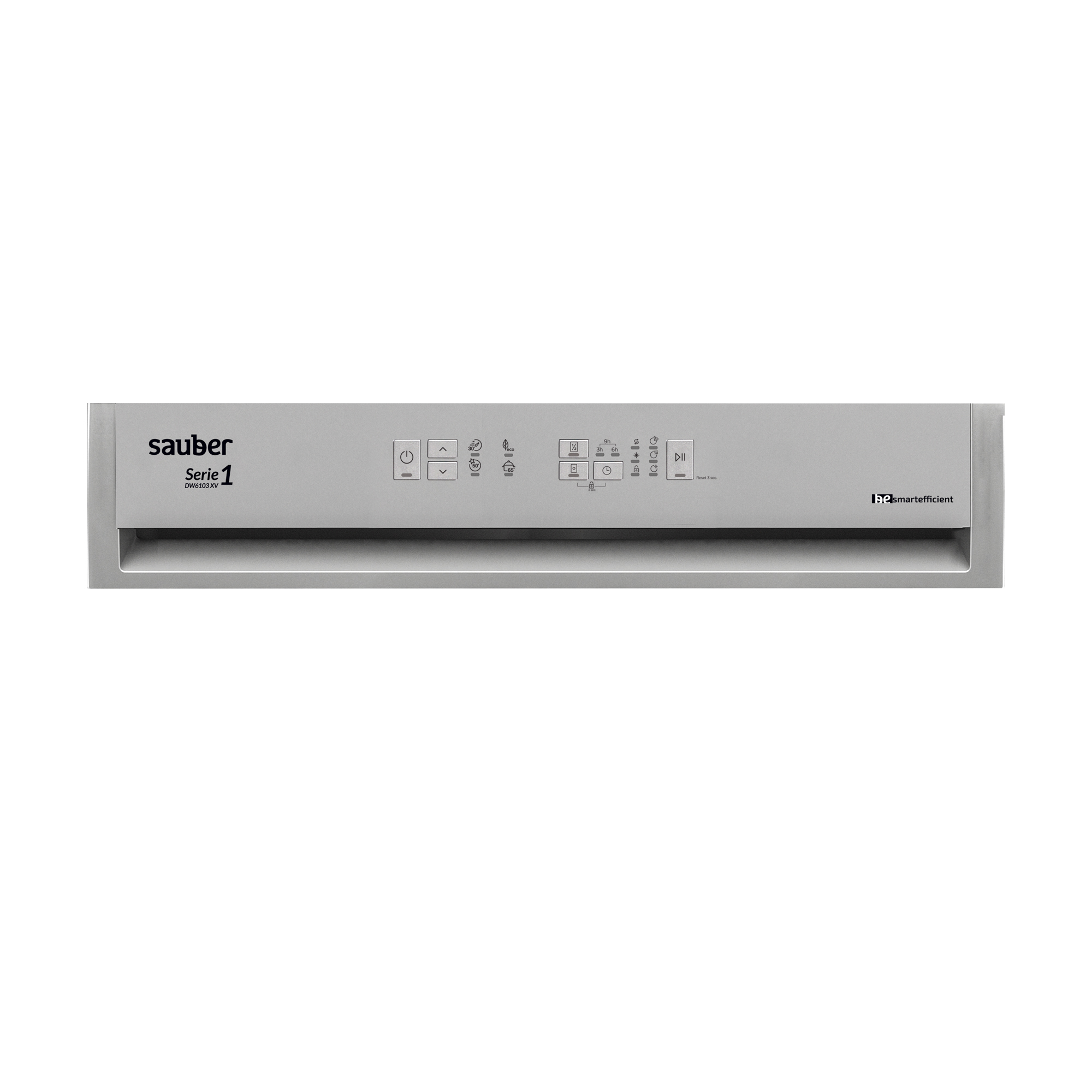 Panel de control plateado con botones y el logo Sauber Serie 1.