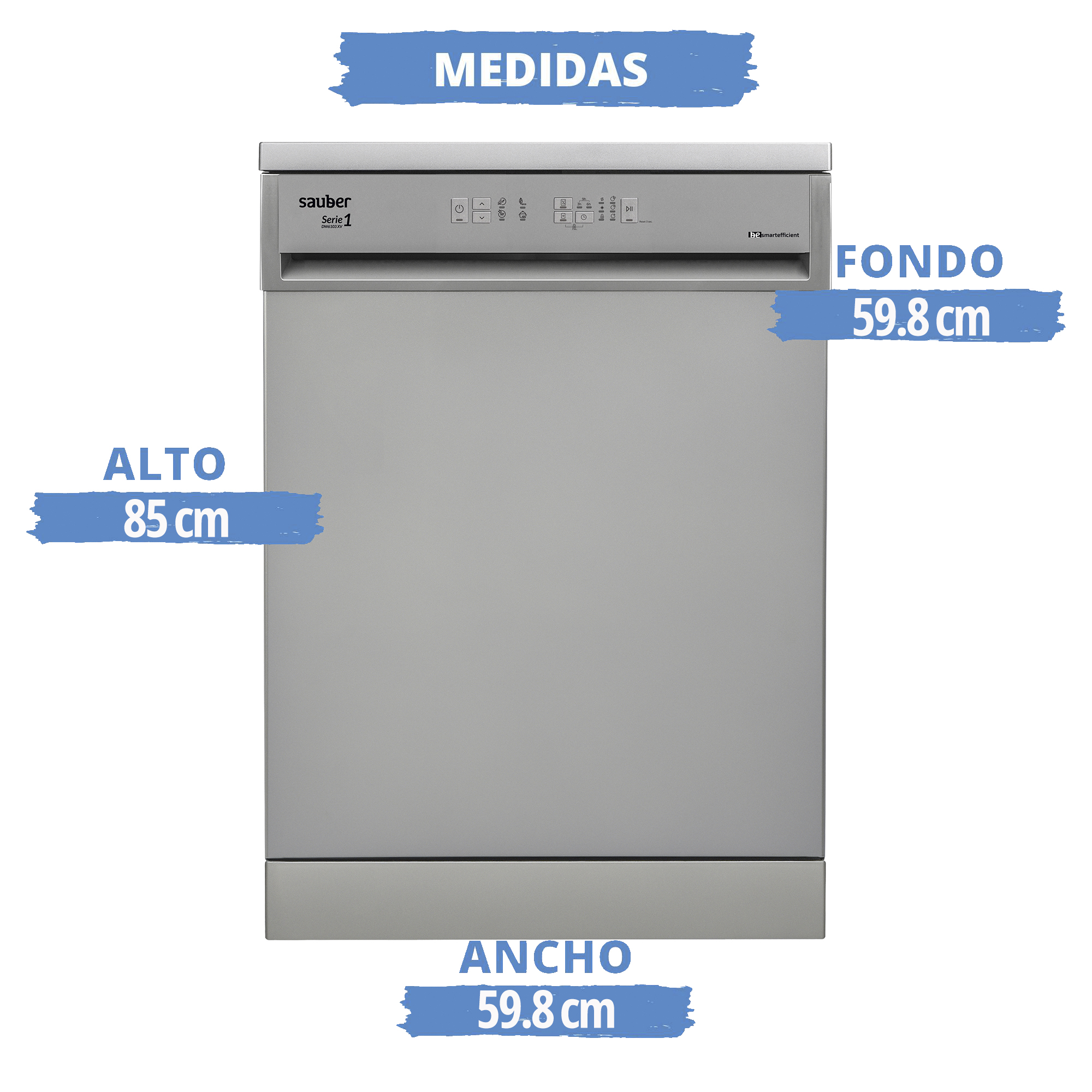 Lavavajillas gris con medidas: altura 85cm, ancho y fondo 59,8cm.