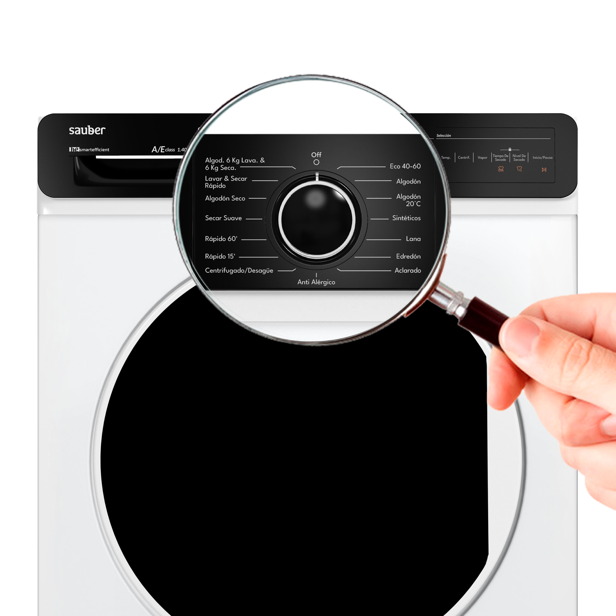 Panel de control de la lavadora con una lupa sobre el dial y las opciones.