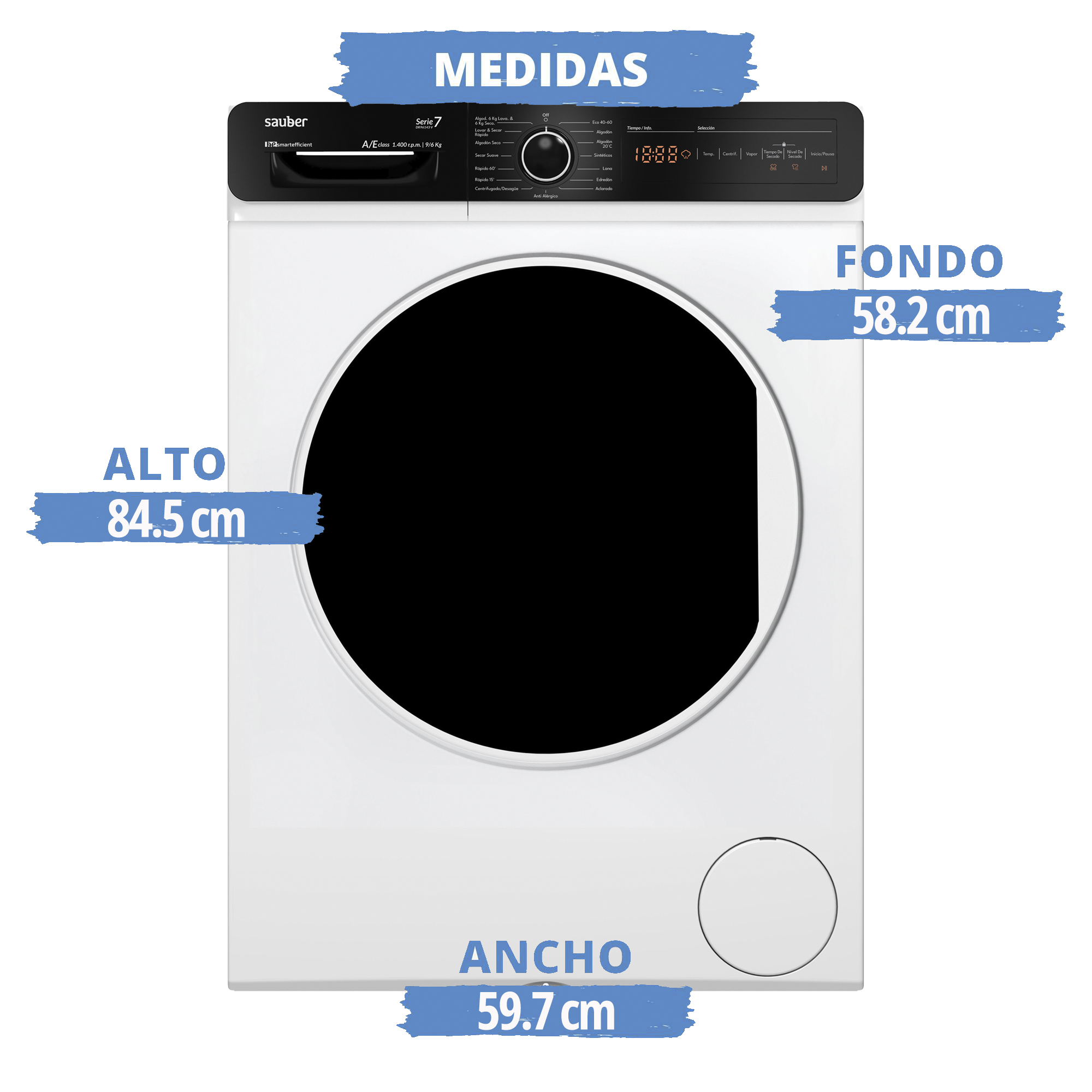 Una secadora blanca con puerta negra. Las dimensiones se indican con etiquetas de texto.