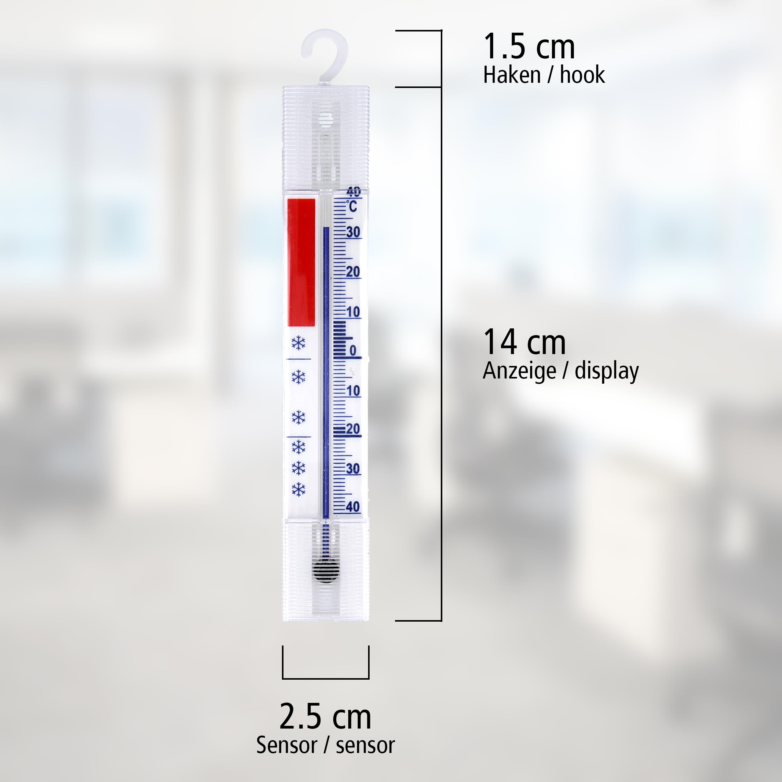 Ein weißes Thermometer mit Temperaturmarkierungen. Die Skala zeigt Celsius und Fahrenheit. Es hat einen Haken und einen Sensor.