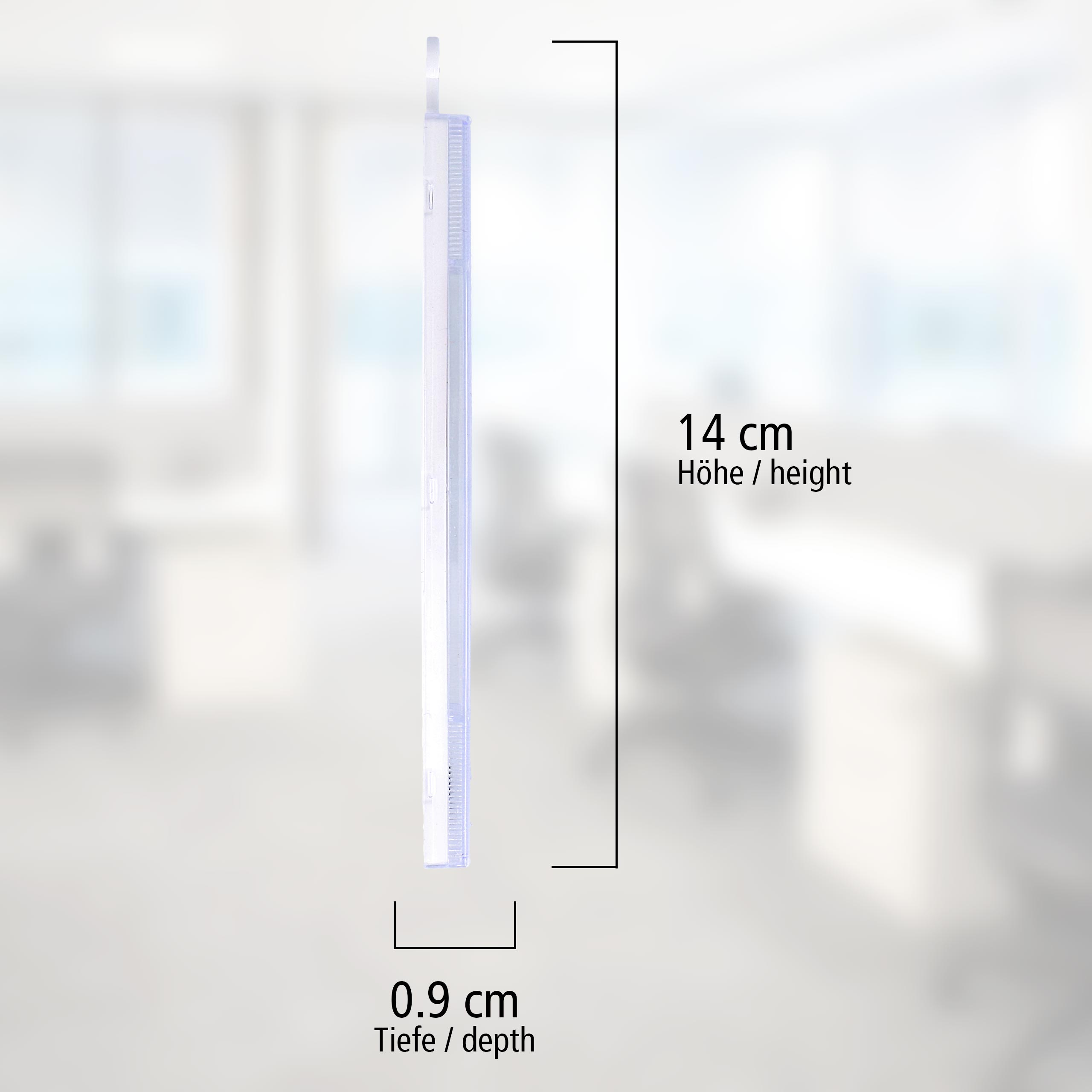 Transparente Kunststoffhülle mit Maßangaben: 14 cm Höhe, 0,9 cm Tiefe.