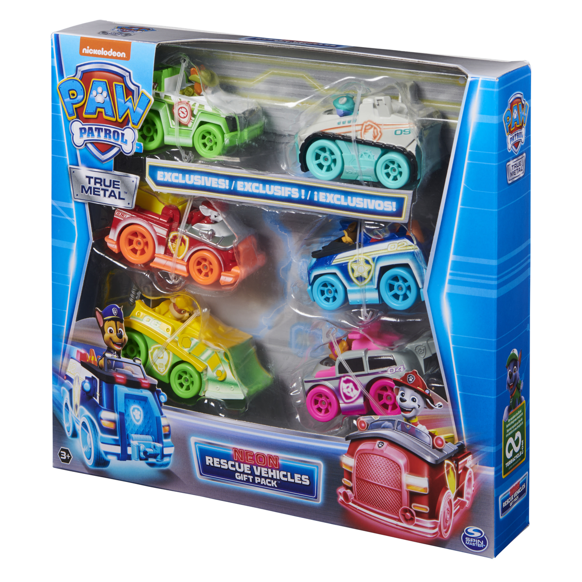 Eine Packung mit sechs Spielzeugautos in einer Box mit dem Paw Patrol-Logo.