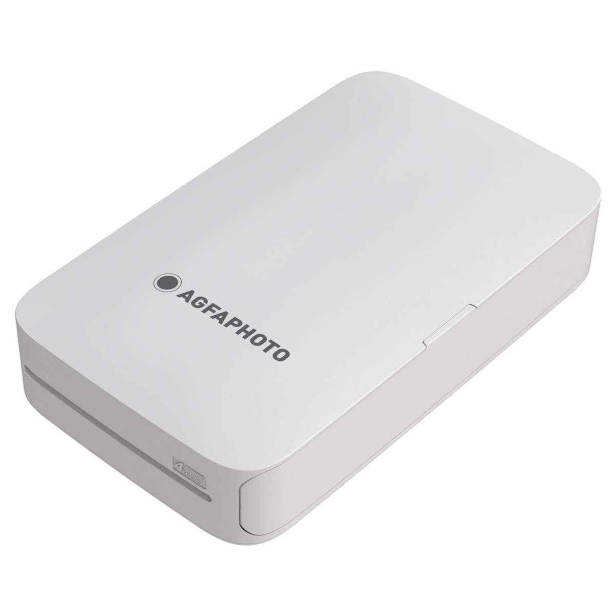 Biała drukarka AgfaPhoto. Górna część jest gładka, z logo AgfaPhoto.