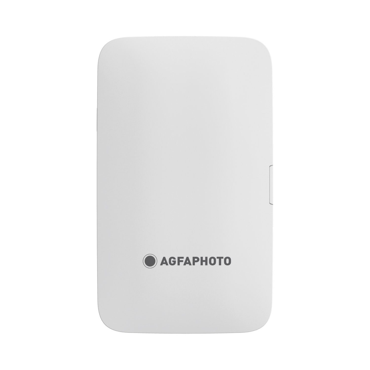 Biała drukarka AgfaPhoto. Górna część jest gładka, z logo AgfaPhoto.