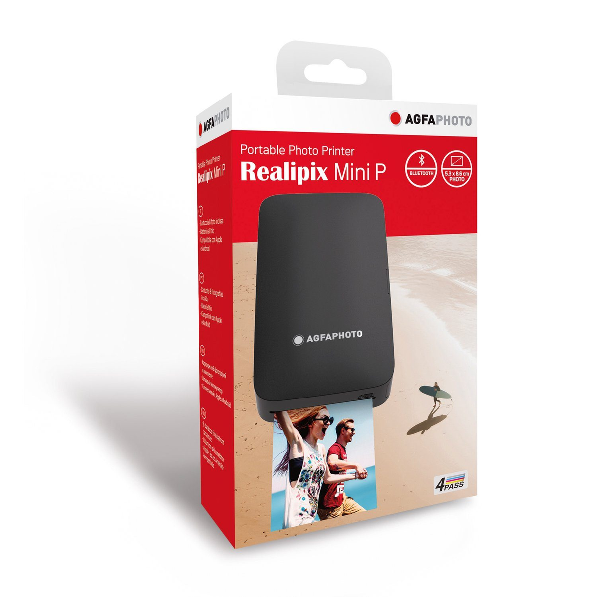 Tragbare Fotodruckerbox. Sie zeigt ein gedrucktes Foto und die Marken AgfaPhoto und Realipix Mini P.