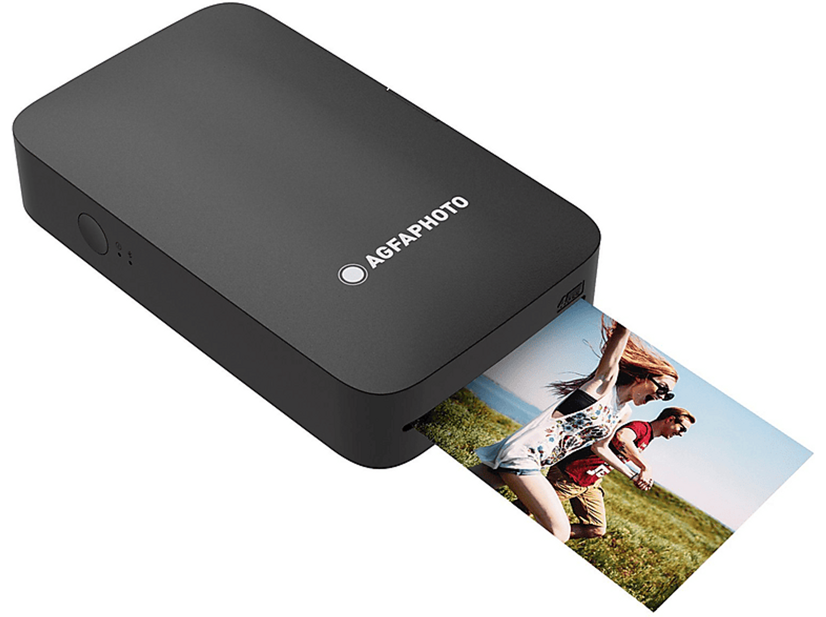 Schwarzer tragbarer Fotodrucker, der ein Foto von einem Paar beim Laufen auf weißem Hintergrund druckt.