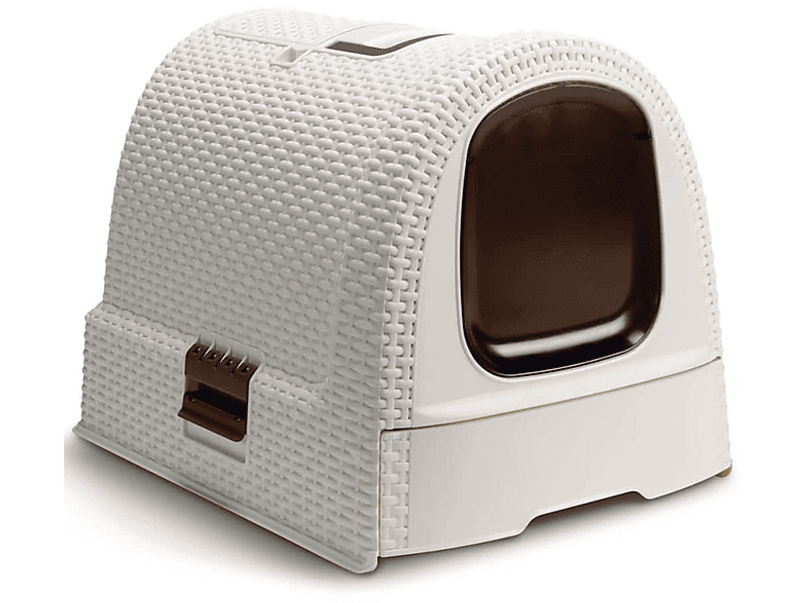 Eine weiße Katzentoilette mit gewebtem Design und einer braunen Tür und Öffnung.