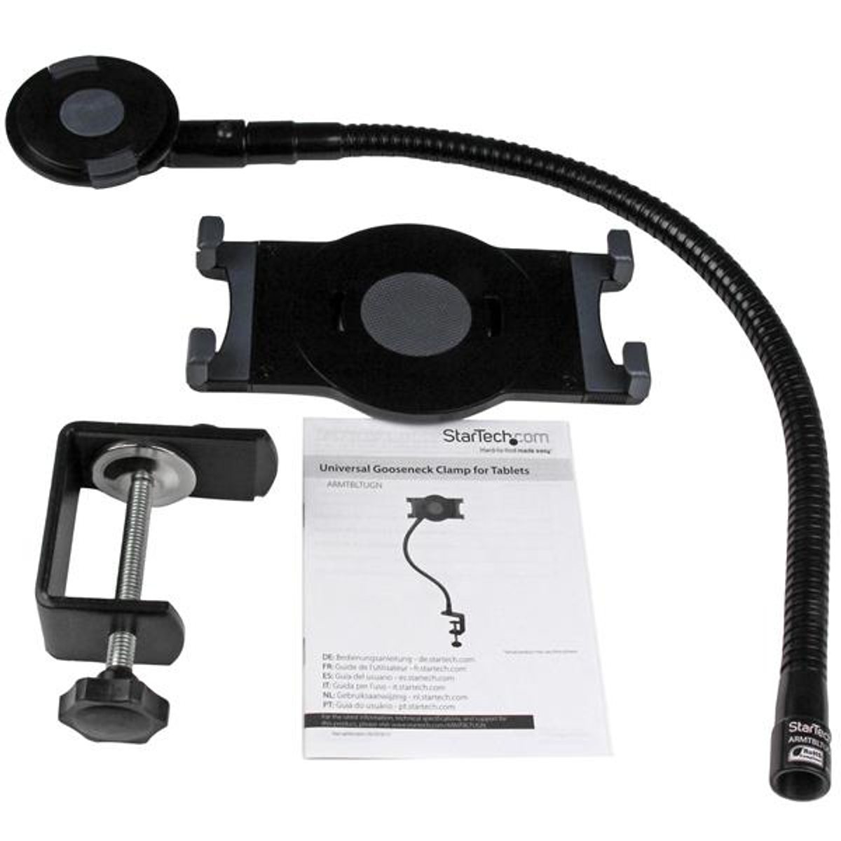 Eine flexible Tablet-Klemme mit Schwanenhals, Klemme und Tablethalter. Weißer Hintergrund.
