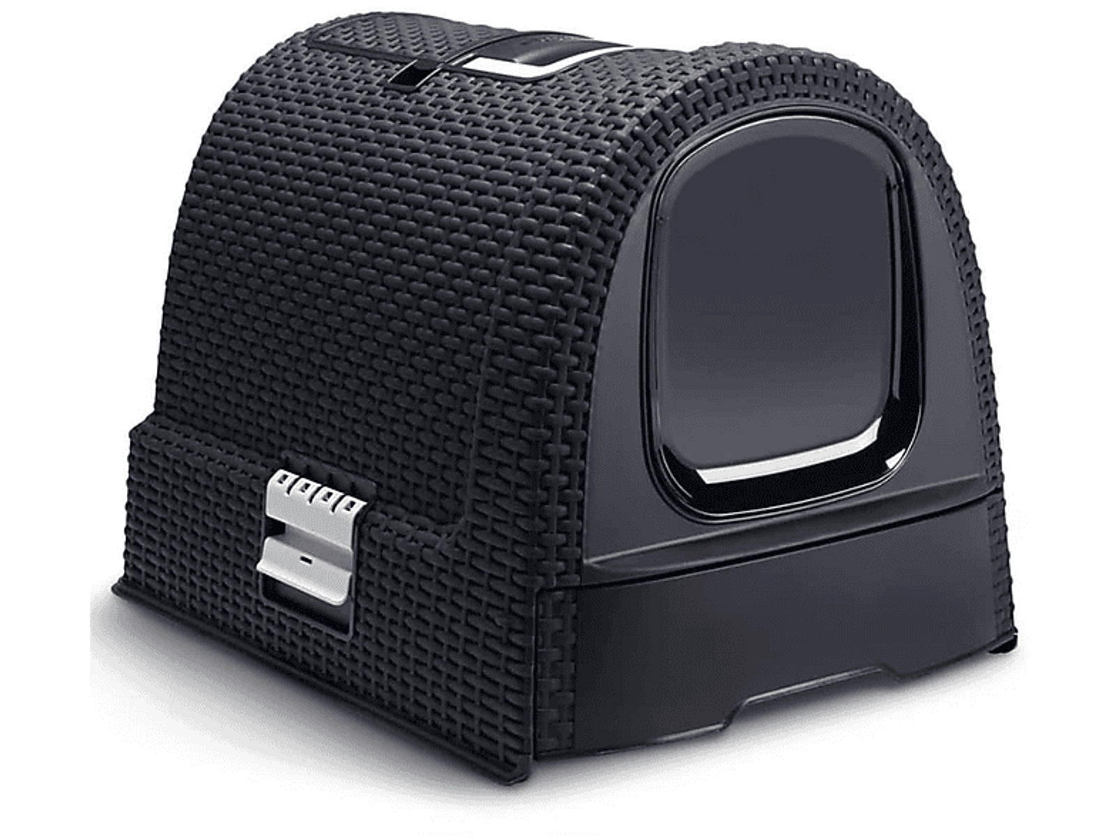 Una lettiera per gatti nera con un design intrecciato.