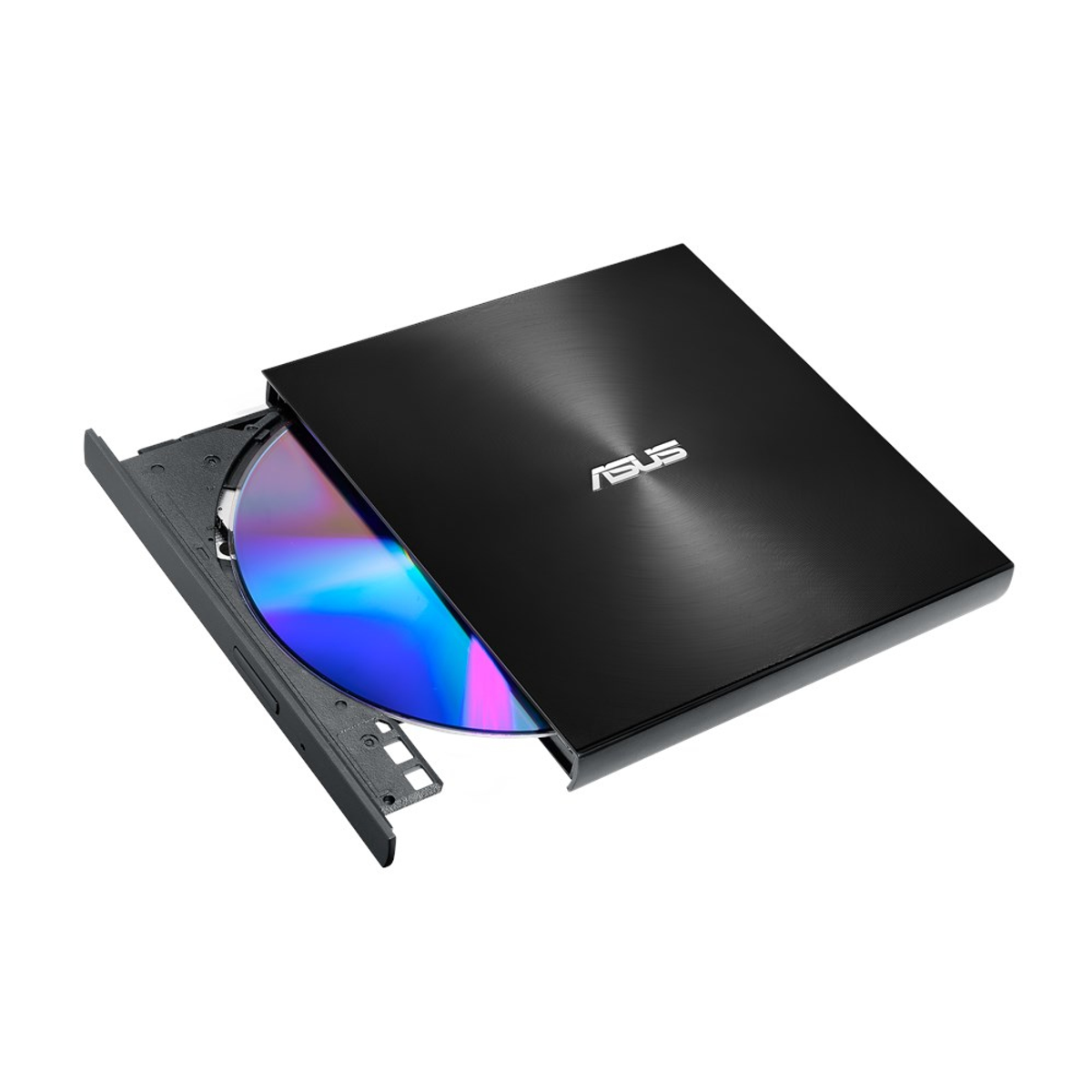 Unità DVD ASUS nera con vassoio parzialmente aperto. Un CD all'interno.