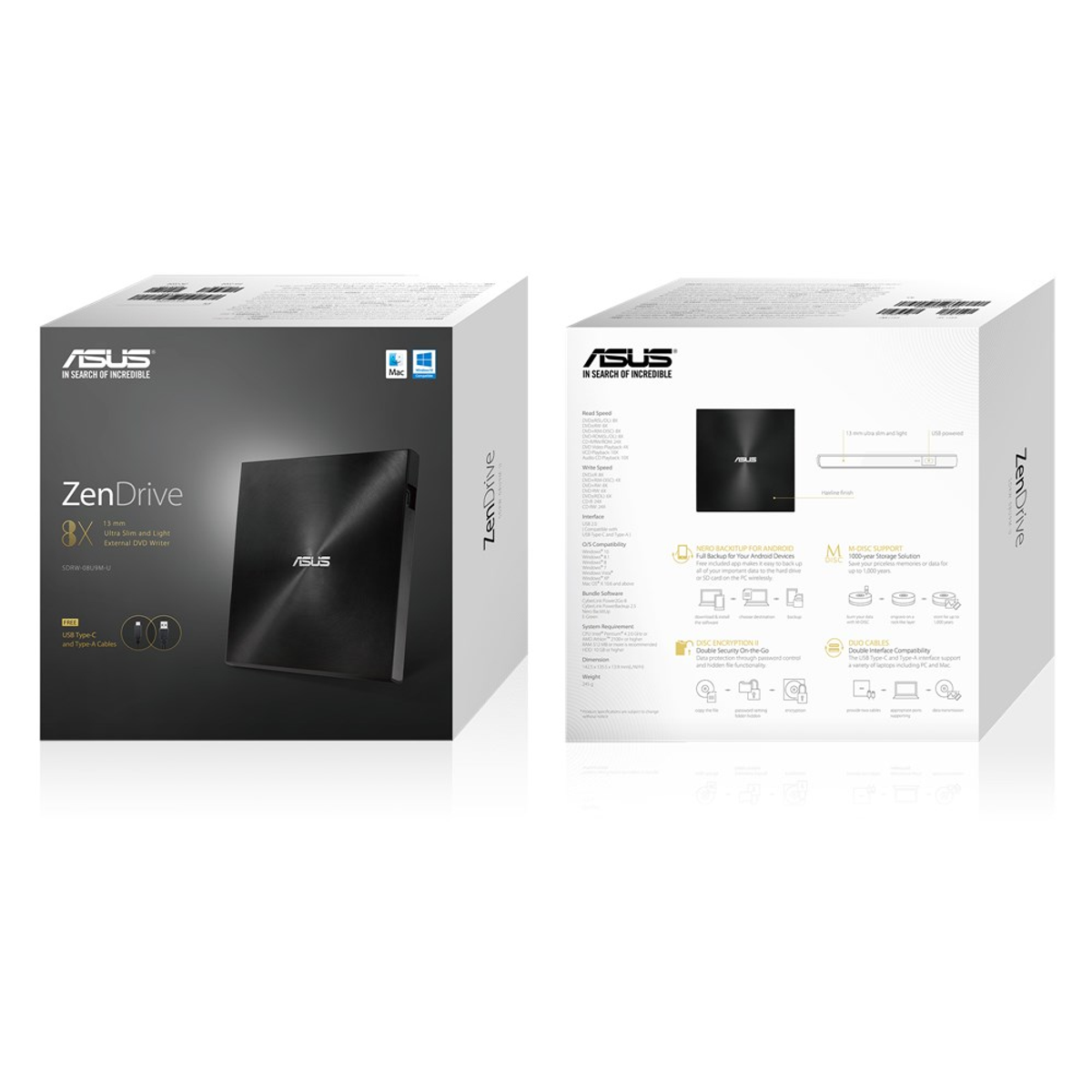Due scatole di Asus ZenDrive, una aperta, una chiusa, su sfondo bianco.