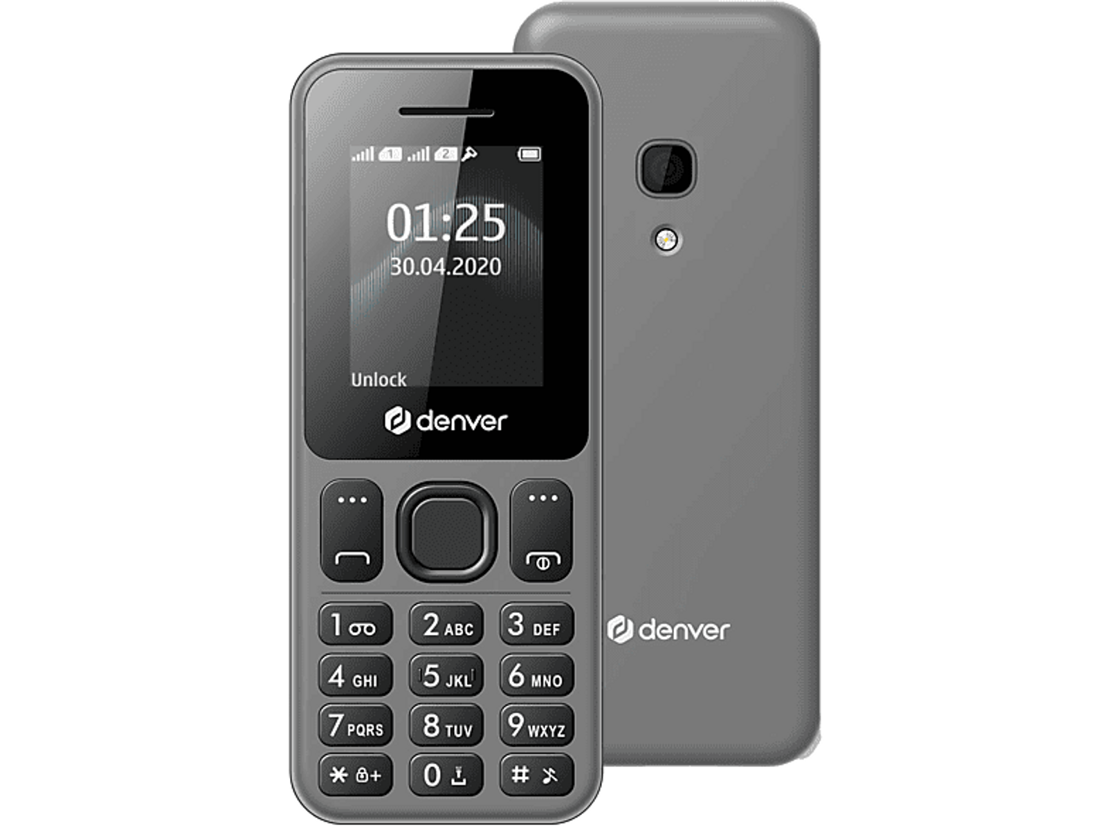 Teléfono móvil gris, básico, con pantalla mostrando hora y fecha.
