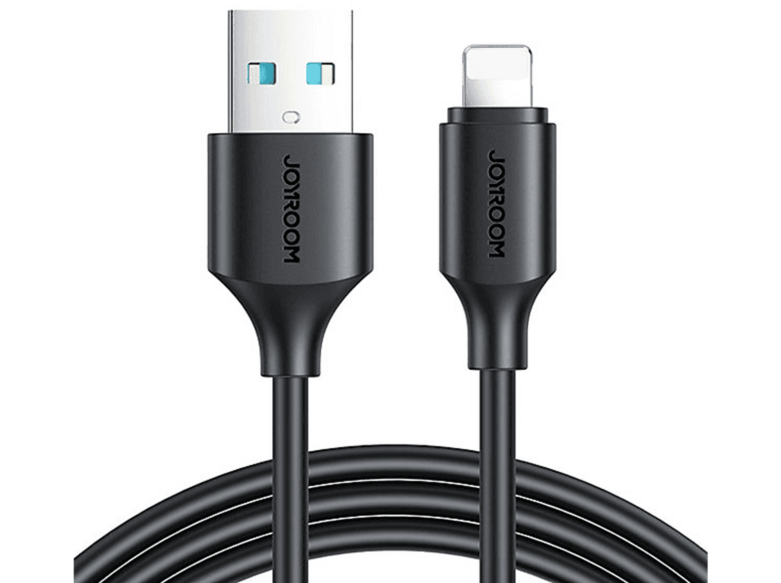 Schwarzes Ladekabel mit USB- und Lightning-Anschlüssen.