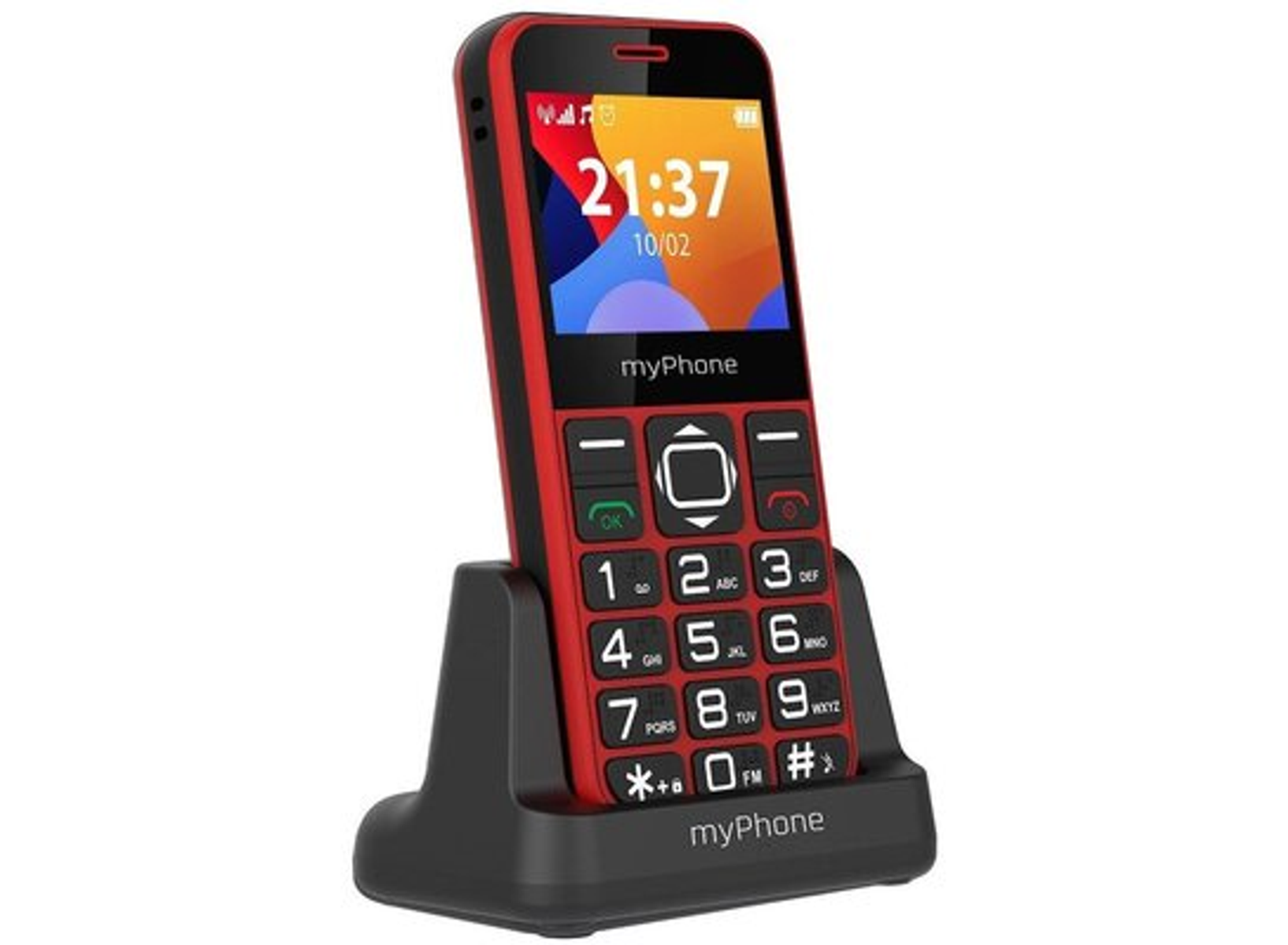 Rotes und schwarzes myPhone. Zeigt Zeit und Datum an. In einer Ladestation, weißer Hintergrund.