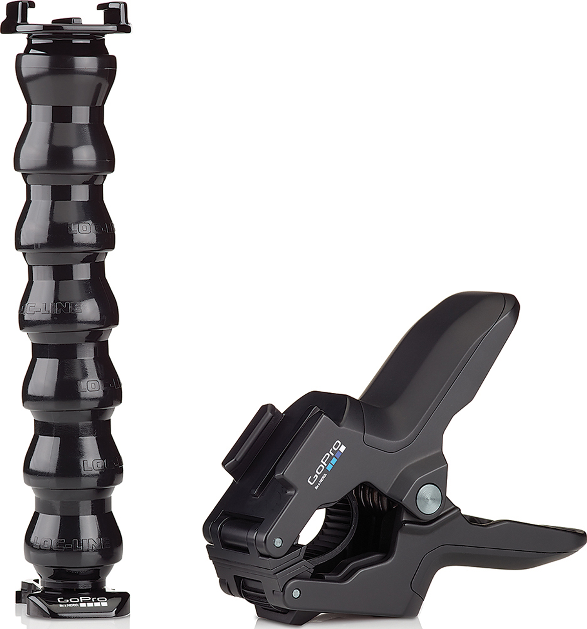 Czarny, elastyczny uchwyt GoPro z zaciskiem. Jest przeznaczony do kamer sportowych.