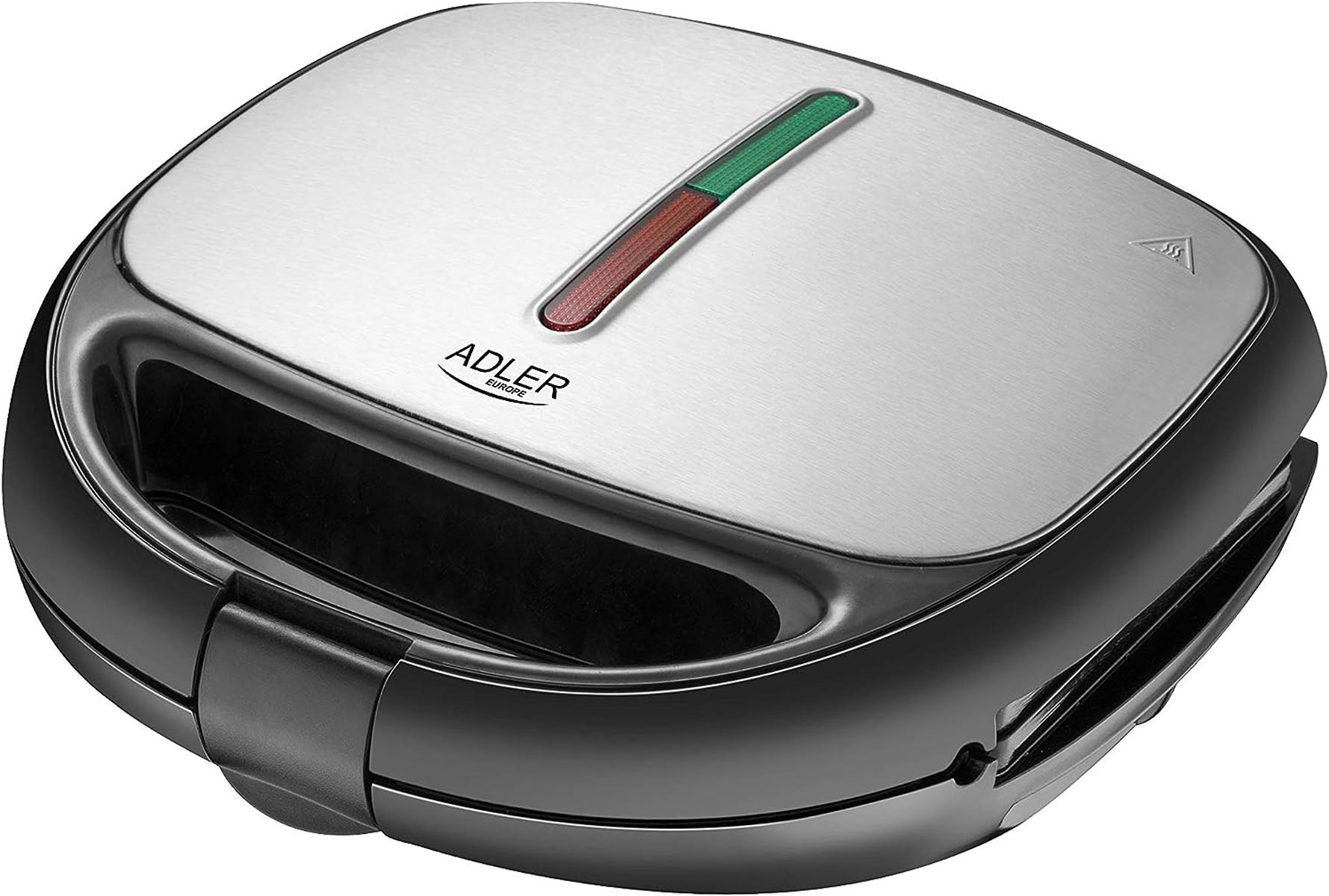 Czarny i srebrny opiekacz do kanapek z czerwonymi i zielonymi lampkami kontrolnymi.