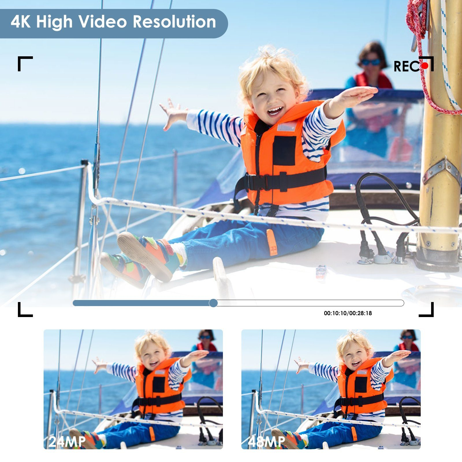 Un niño con chaleco salvavidas naranja en un barco, con información de resolución de video.