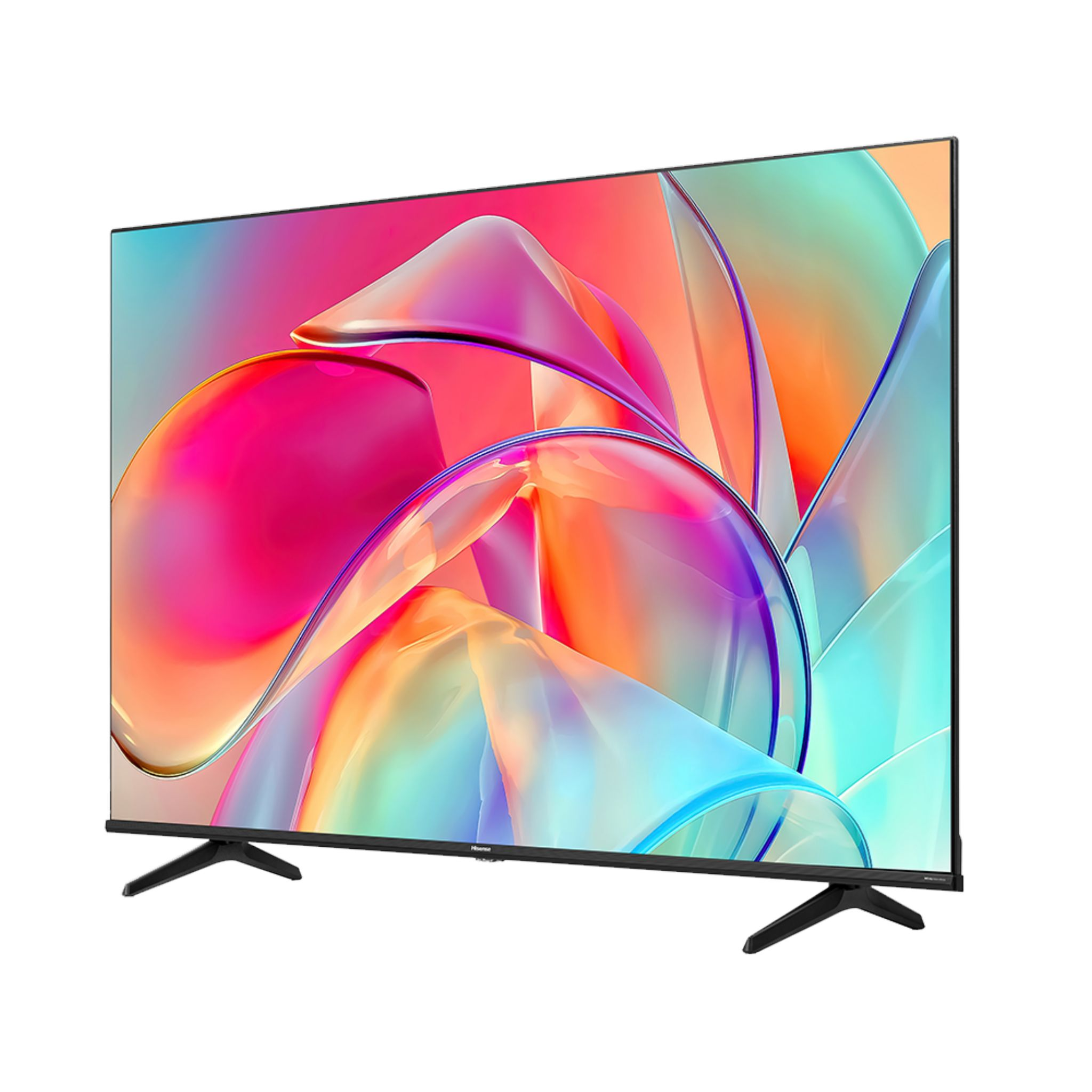 Una moderna TV a schermo piatto con uno sfondo astratto colorato, su un supporto nero con vista laterale.