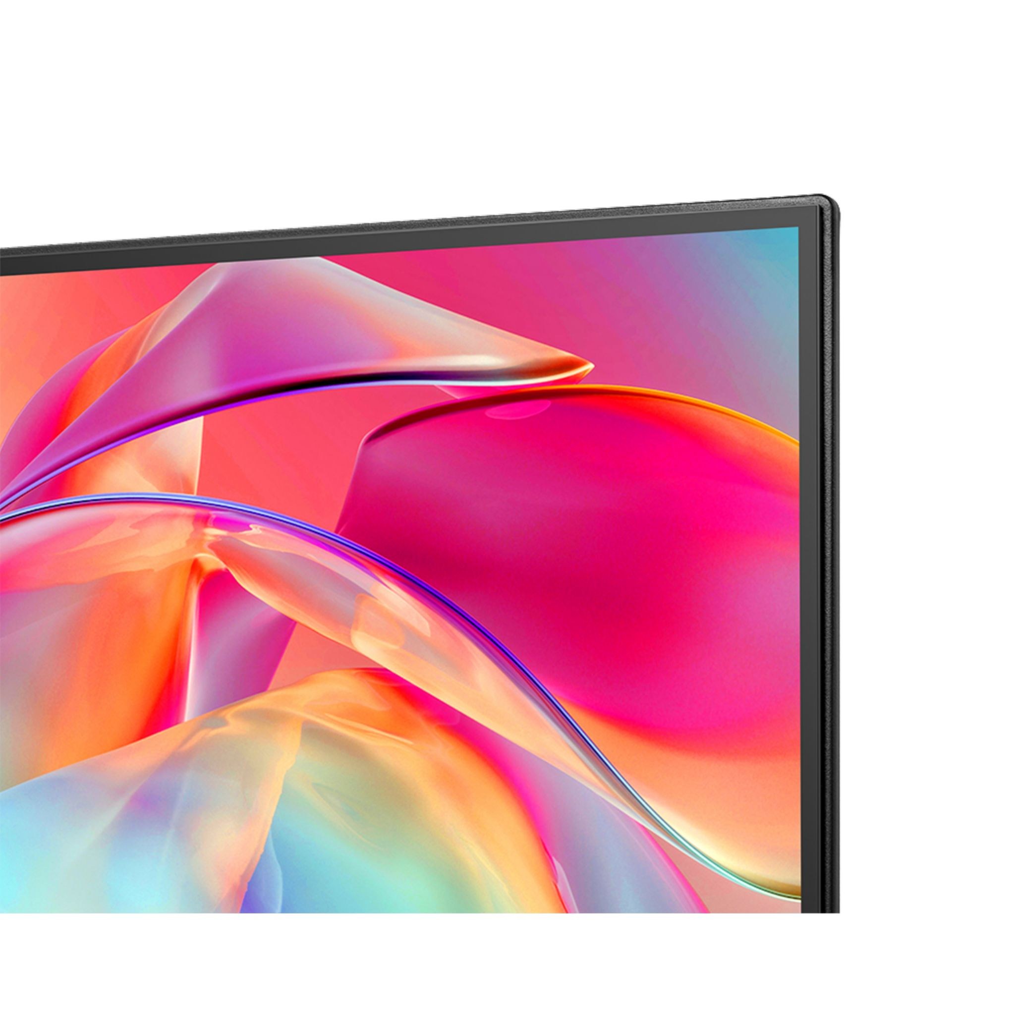 Primo piano dell'angolo di uno schermo TV che mostra forme colorate astratte contro una cornice nera.