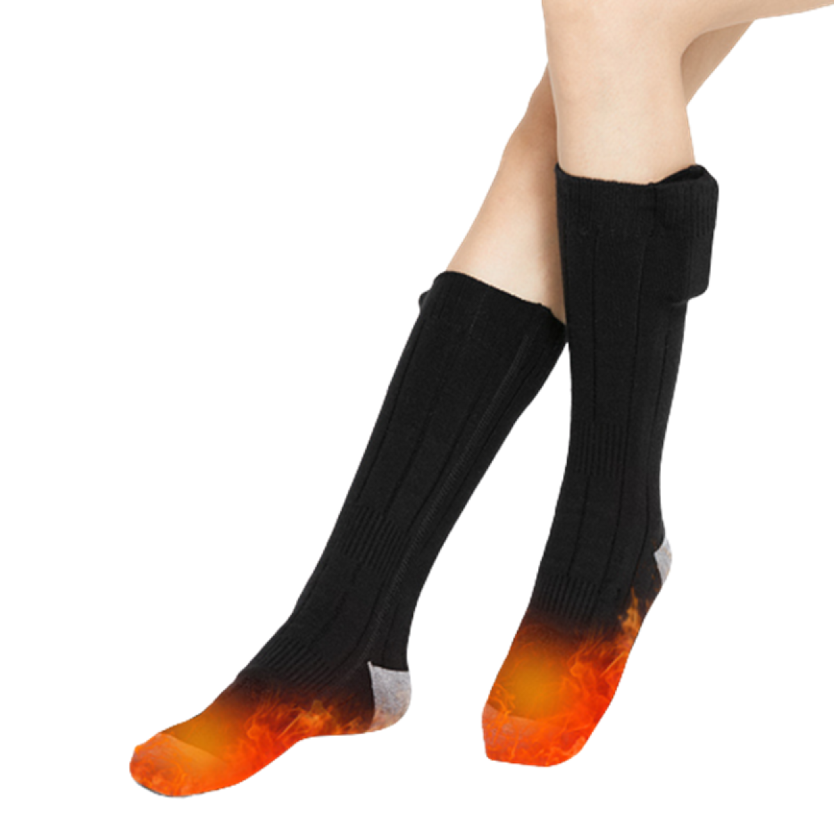 Ein Paar schwarze beheizbare Socken. Die Sohlen der Socken leuchten mit einem roten, erhitzten Effekt.