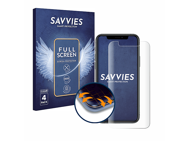 SAVVIES 4x Flex Full-Cover 3D Curved Schutzfolie(für Apple iPhone 11 Pro)