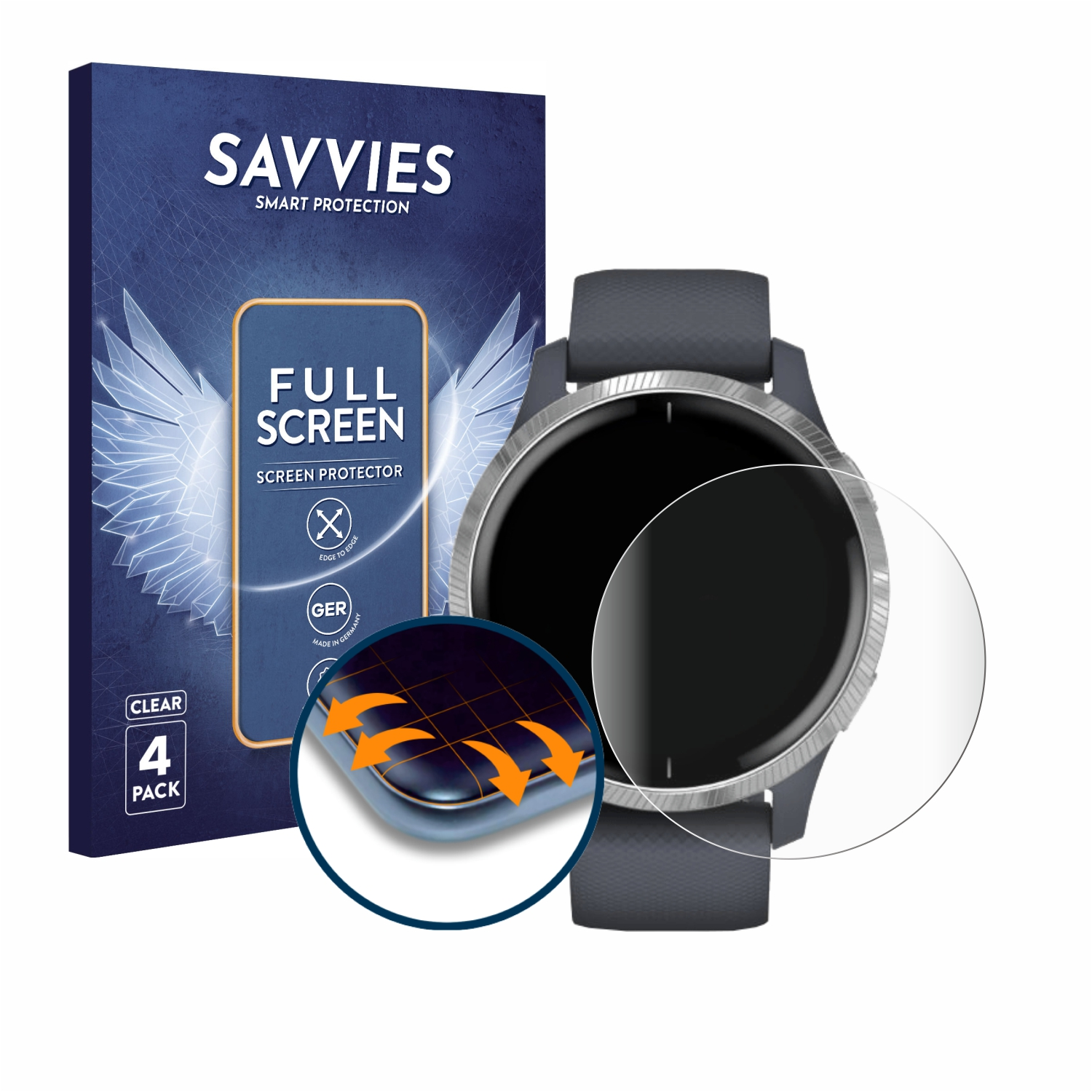 Eine Smartwatch mit Displayschutzprodukt. Box links, Uhr rechts. Weißer Hintergrund.