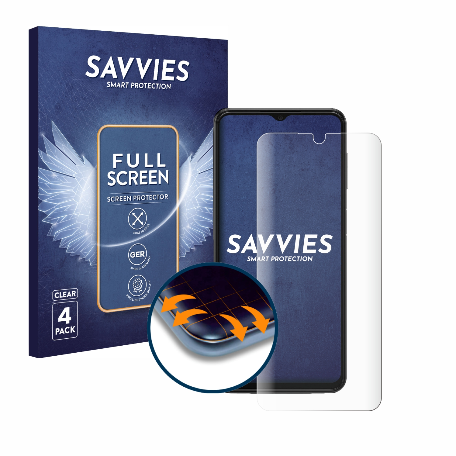 Verpackung für einen 4er-Pack Savvies Vollbild-Displayschutzfolie mit Handy.