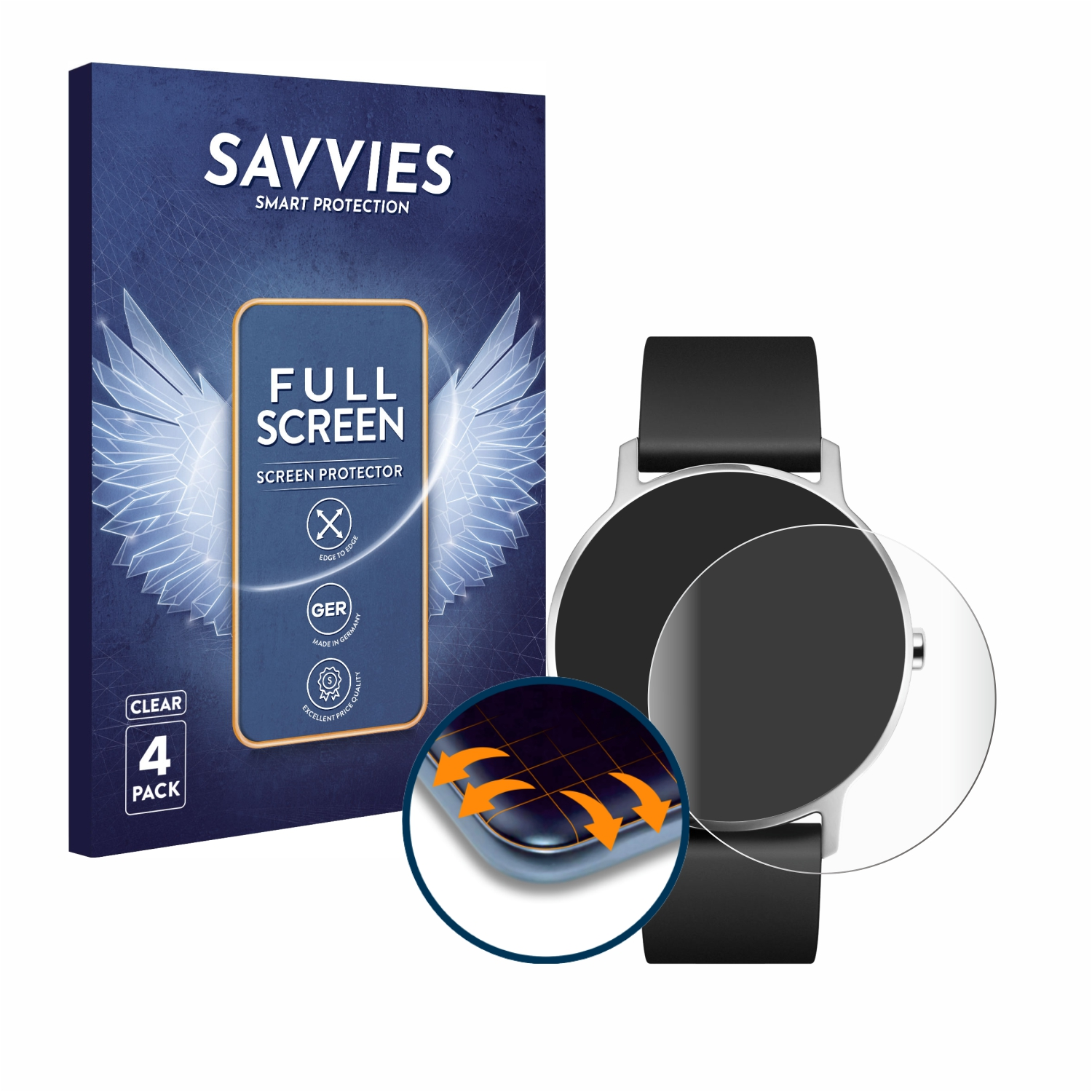 SAVVIES 4x Flex Full-Cover 3D Schutzfolie(für Withings (36 Curved HR Steel mm))