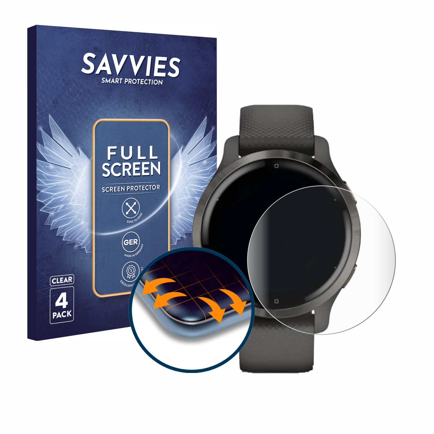 Eine Smartwatch und eine Displayschutzfolienbox. Die Uhr ist schwarz, mit Schutzfolie auf dem Bildschirm.