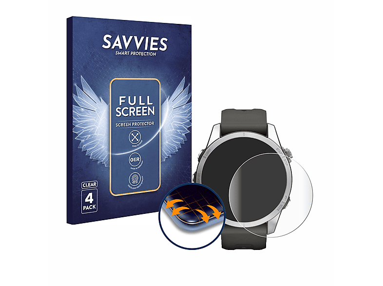 SAVVIES 4x Flex Full-Cover 3D Curved Schutzfolie(für Garmin Fenix 7S Pro Solar (42 mm)) | Smartwatch Schutzfolien & Gläser