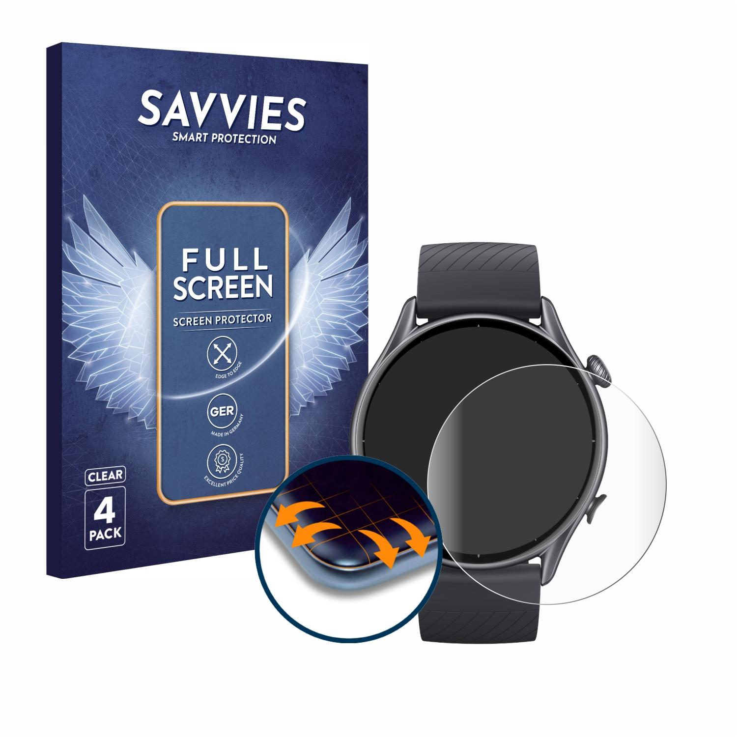 SAVVIES 4x Flex 3) Curved Full-Cover 3D Huami Schutzfolie(für Amazfit GTR