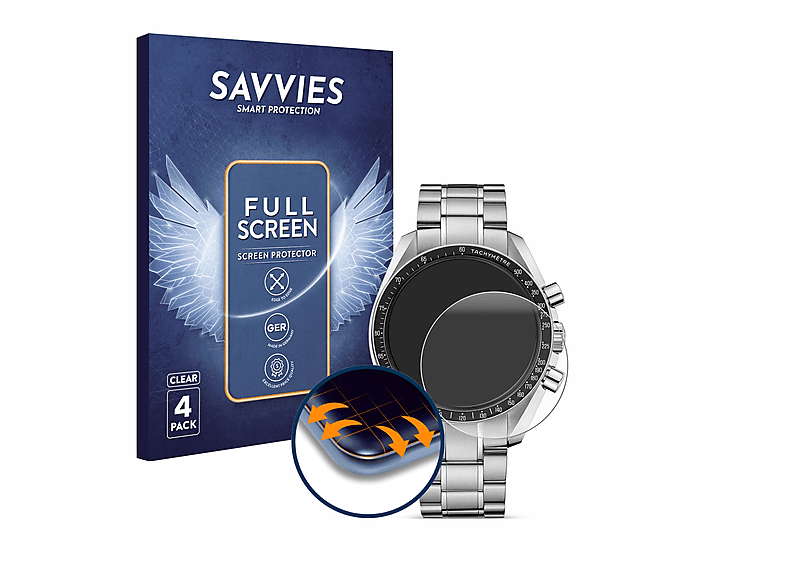 SAVVIES 4x Flex Professional 3D (42 Curved Omega Schutzfolie(für mm)) Moonwatch Full-Cover Speedmaster