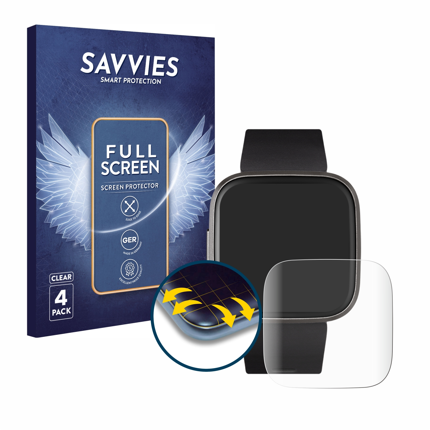 Eine Uhr mit Displayschutz und einer Box. Die Box ist blau und trägt die Aufschrift 'Full Screen Screen Protector'.
