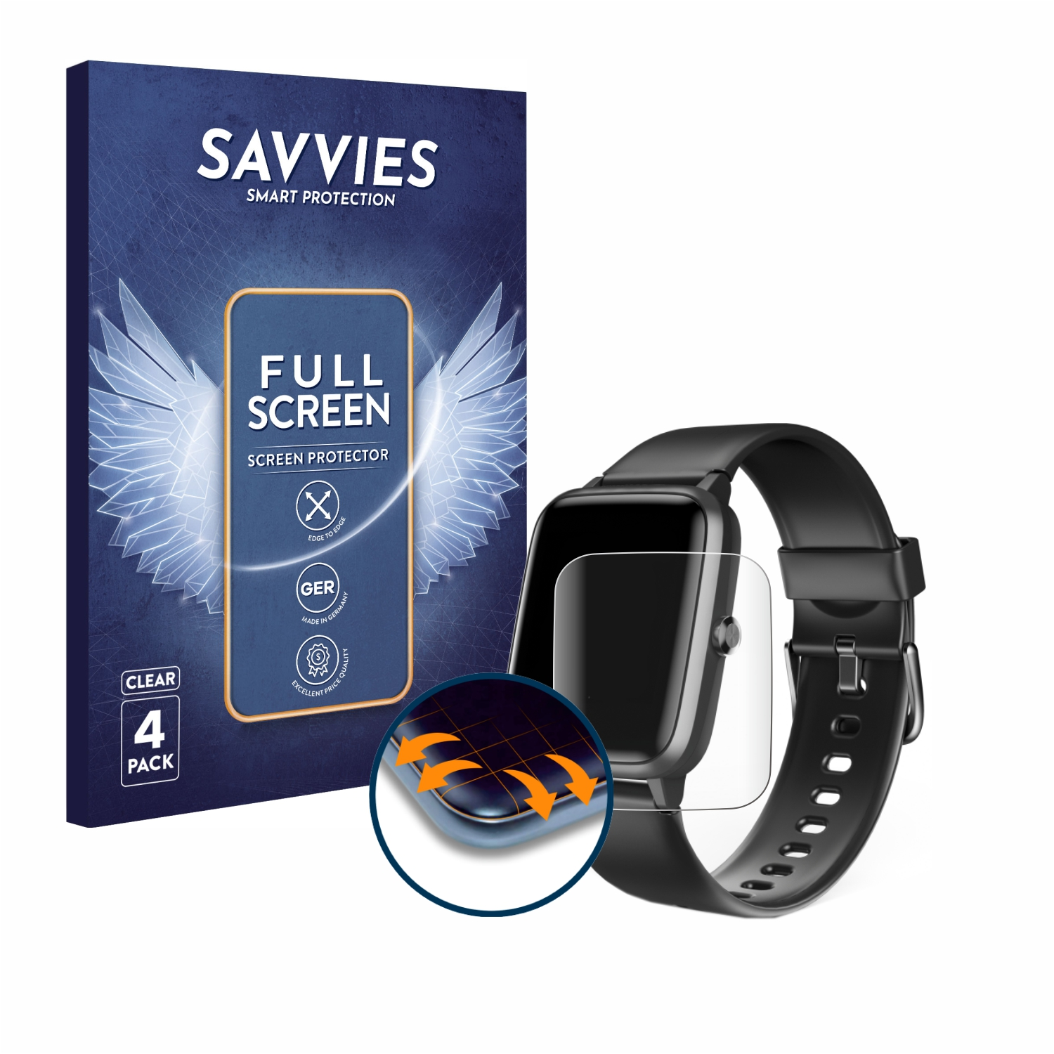 Box mit Uhren-Displayschutz und Uhr mit Schutzfolie.