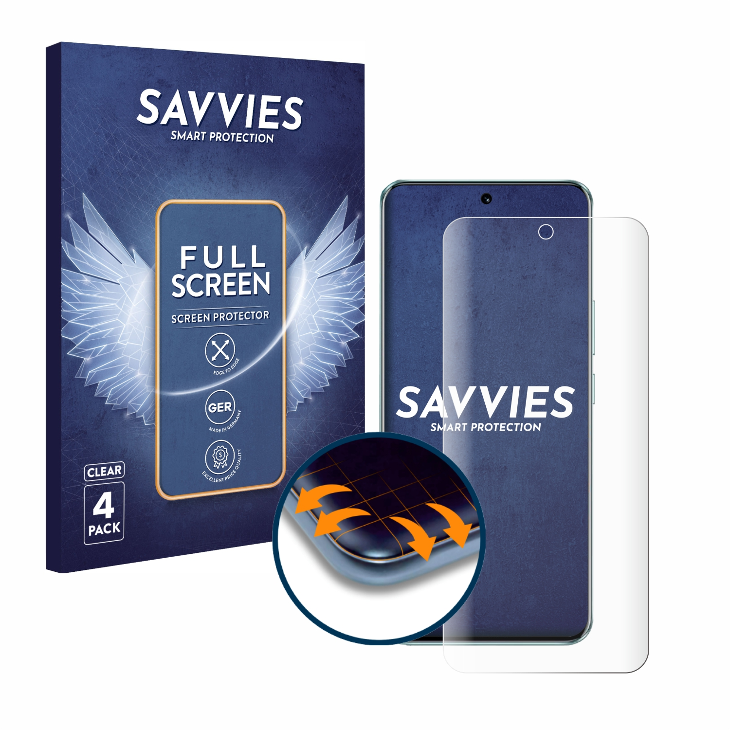 Dunkelblaue Verpackung für einen Displayschutz, einen klaren Schutz und ein Telefon.