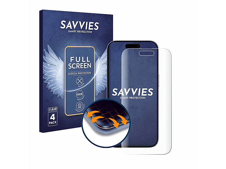 SAVVIES 4x Flex Full-Cover 3D Curved Schutzfolie(für Apple iPhone 14 Pro)