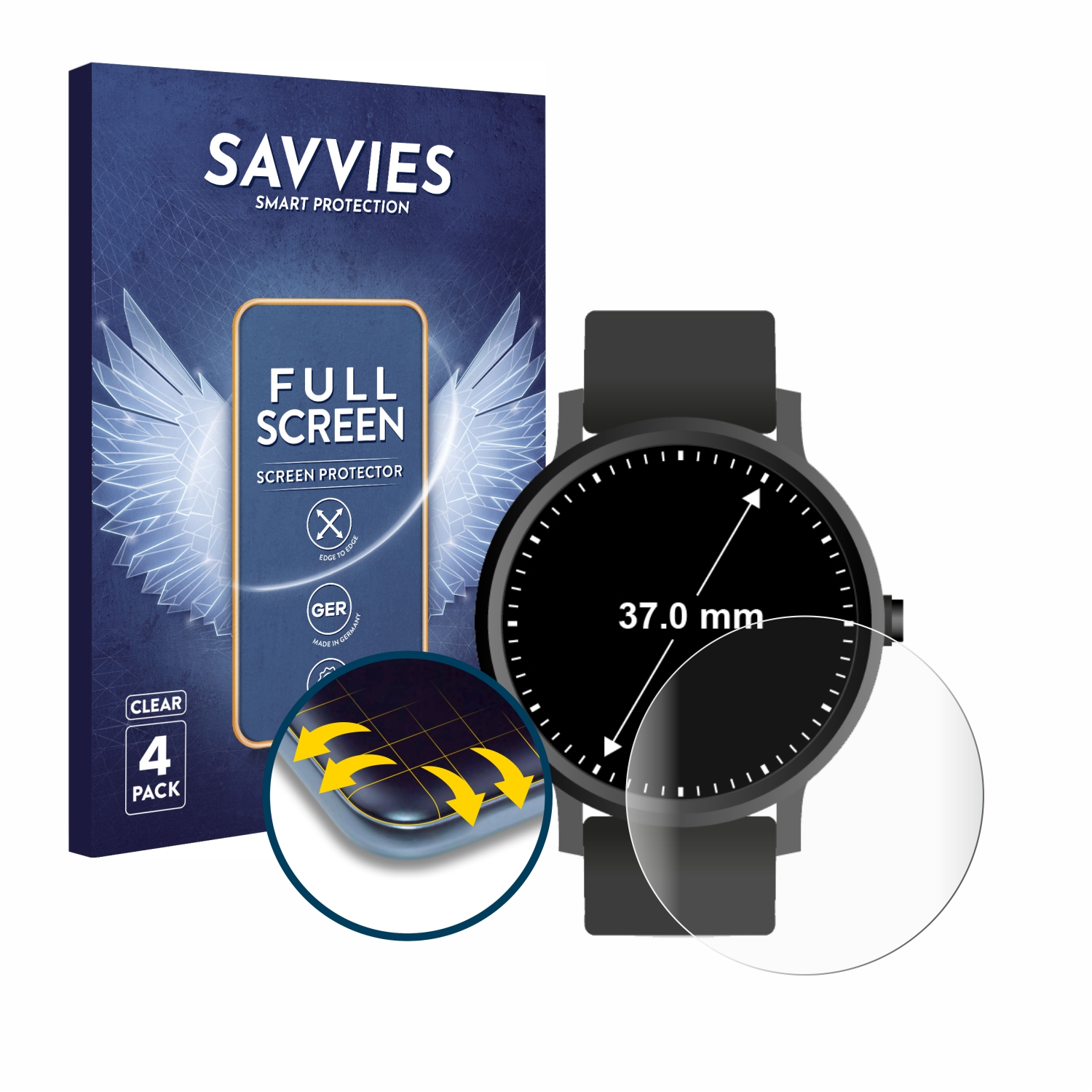 SAVVIES 4x 3D Schutzfolie(für Curved Universal Flex Kreisrunde Displays mm)) 37 (ø: Full-Cover