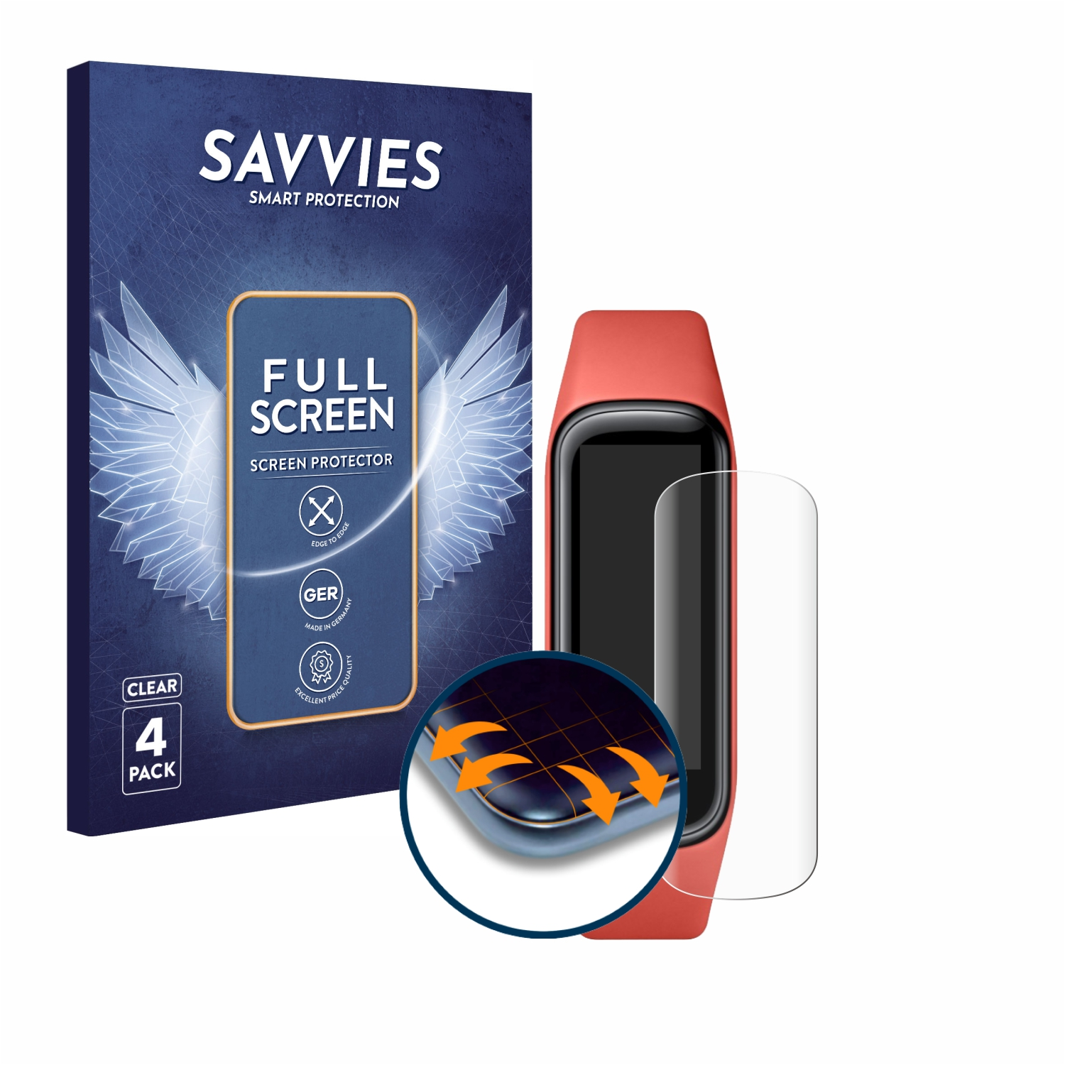 Schutzfolie, Smartwatch und Folie auf weißem Hintergrund.