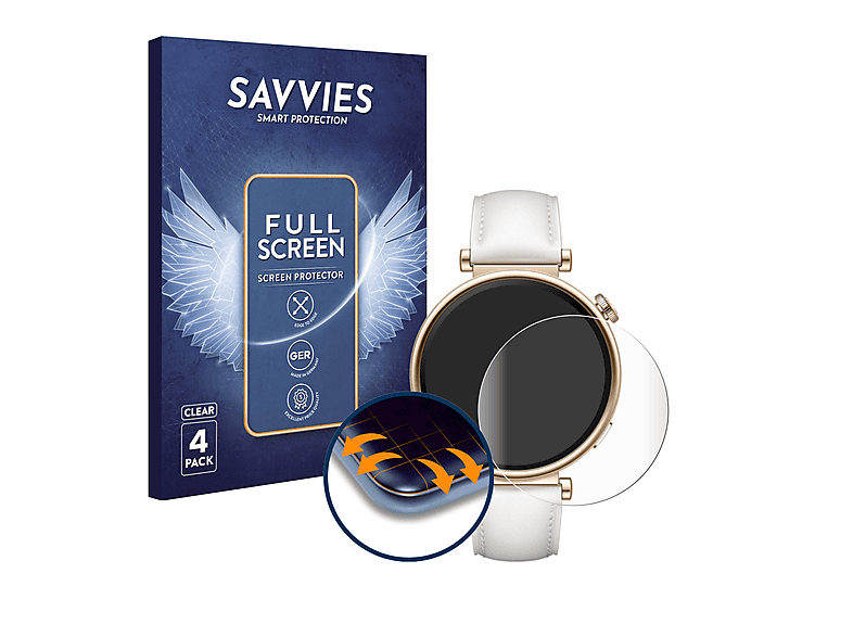 SAVVIES 4x Flex Full-Cover 3D Curved Schutzfolie(für Huawei Watch GT 4 (41mm))