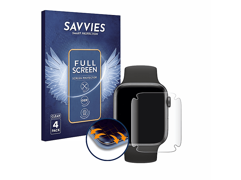 SAVVIES 4x Flex Full-Cover 3D Curved Schutzfolie (für Apple Watch SE (44 mm))