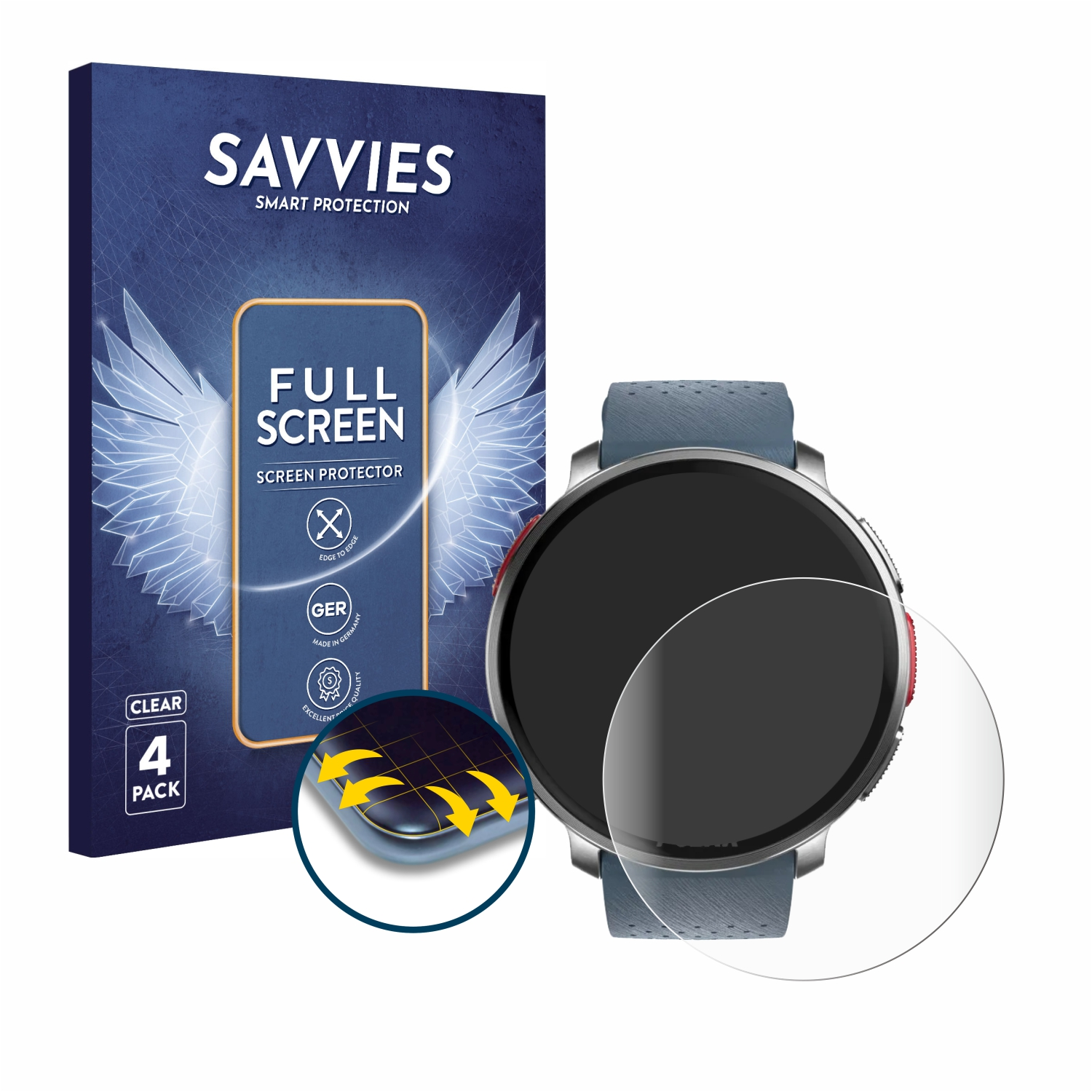 Blaue Box und Smartwatch mit Displayschutz. Weißer Hintergrund. Savvies Text.