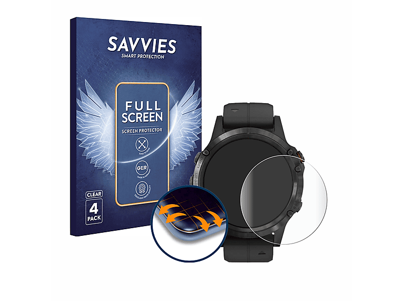 SAVVIES 4x Flex Curved Plus (47 Fenix Garmin 5 mm)) 3D Full-Cover Schutzfolie(für