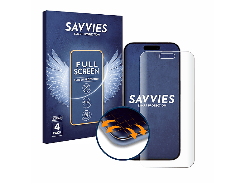 SAVVIES 4x Flex Full-Cover 3D Curved Schutzfolie(für Apple iPhone 15 Pro Max)