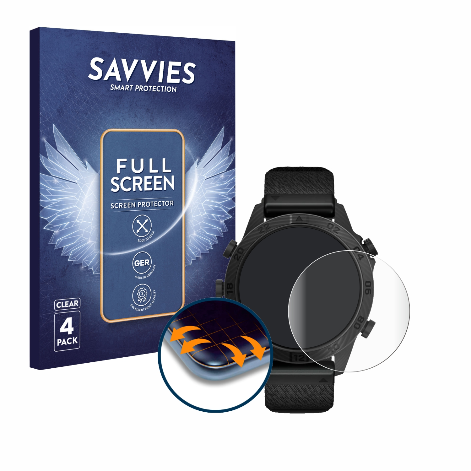 Displayschutzfolie mit Verpackung. Verpackung zeigt Uhr.