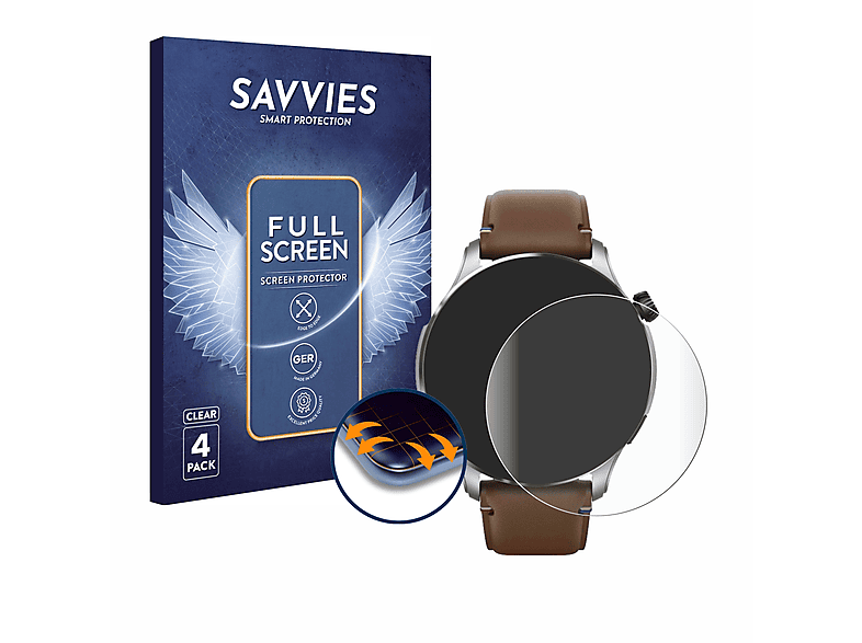 SAVVIES 4x Flex Full-Cover 3D Curved Schutzfolie(für Huami Amazfit GTR 4)