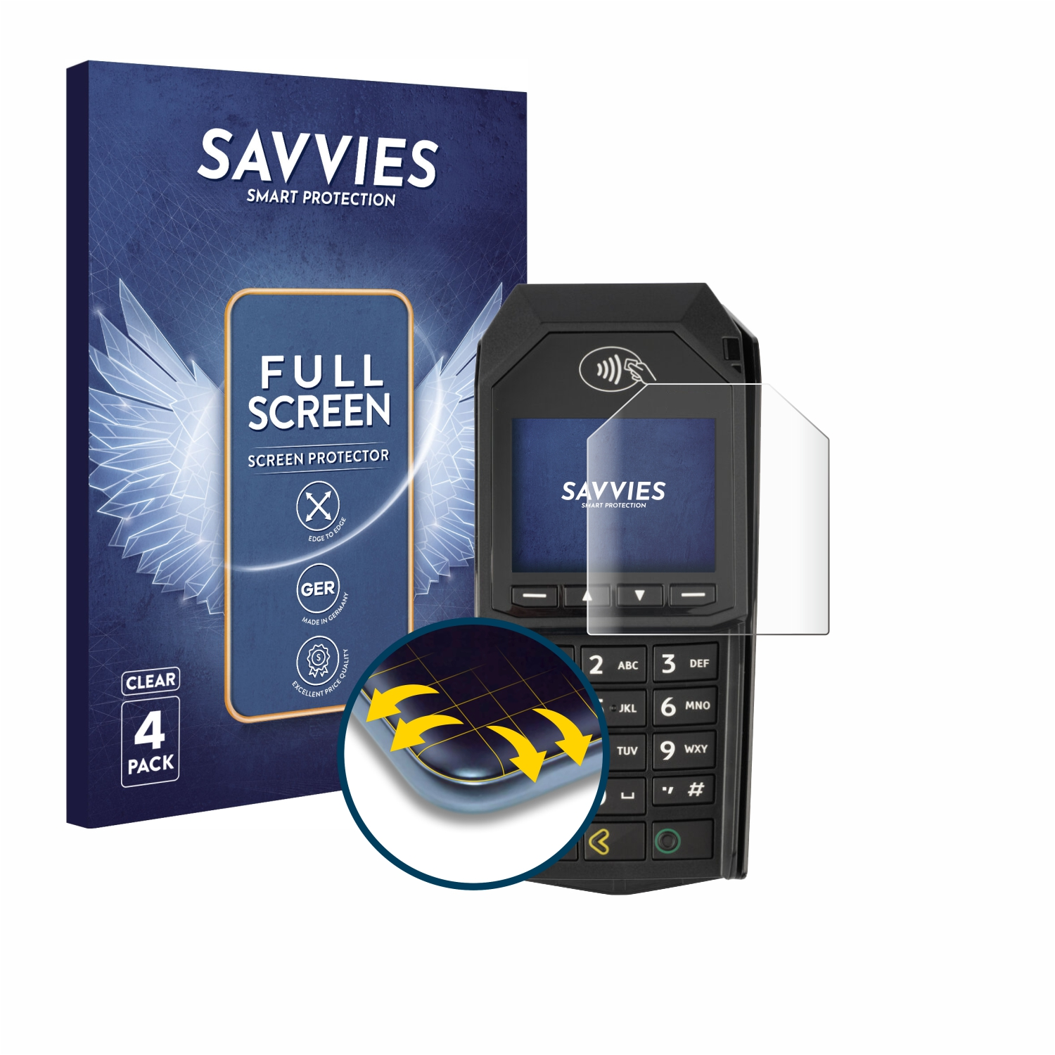 SAVVIES 4x Flex Full-Cover 3D Lane/3000 Curved Schutzfolie(für ingenico (non-touch))