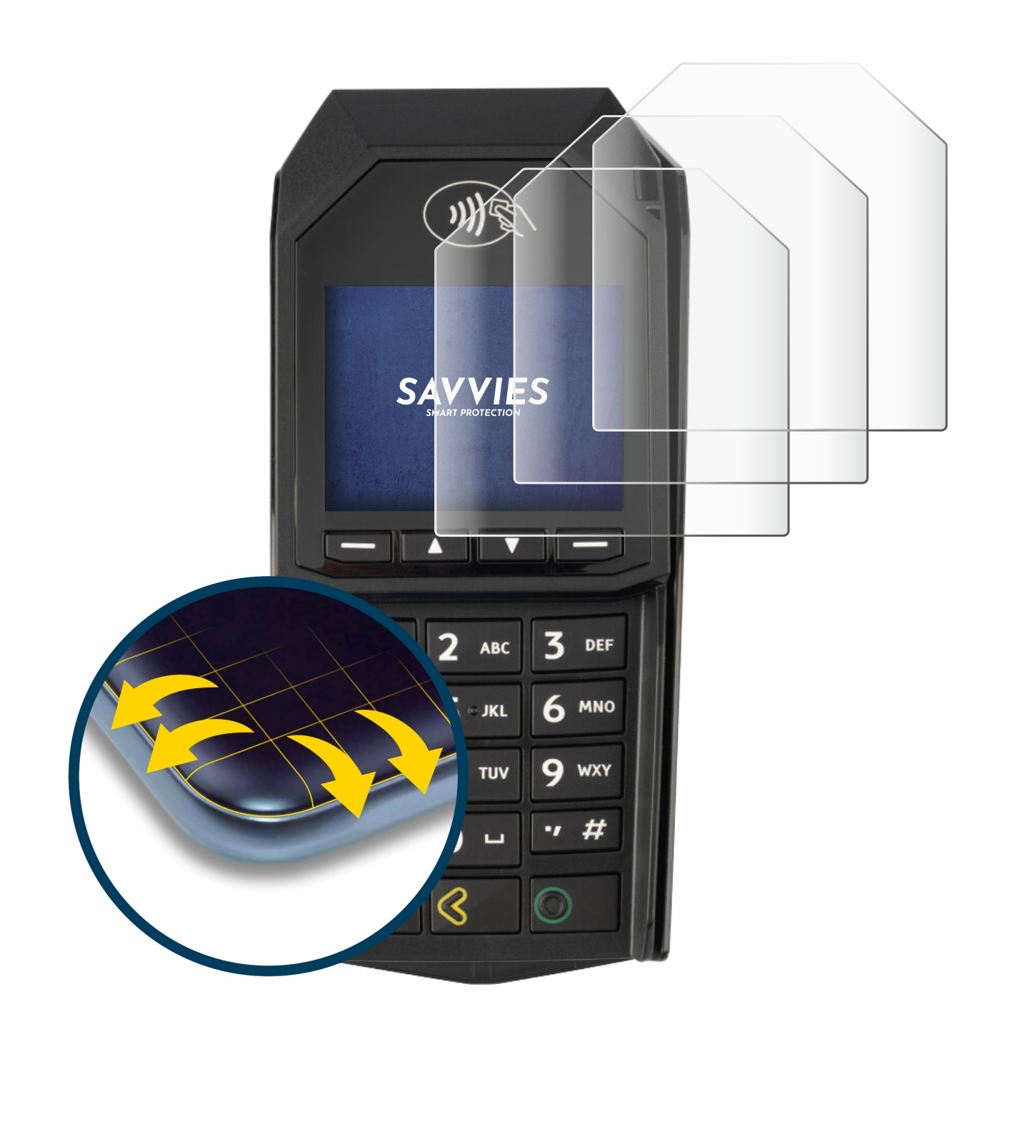 SAVVIES 4x Lane/3000 Full-Cover Curved Schutzfolie(für (non-touch)) 3D ingenico Flex