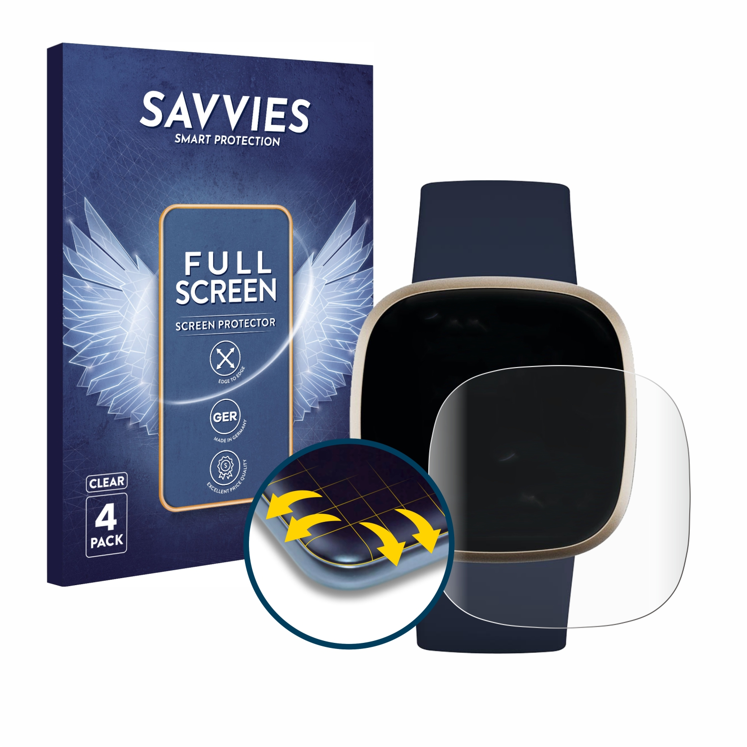 Uhr, Displayschutzfolienbox und Schutzfolie. Dunkelblaue Uhr. Klarer, quadratischer Displayschutz.